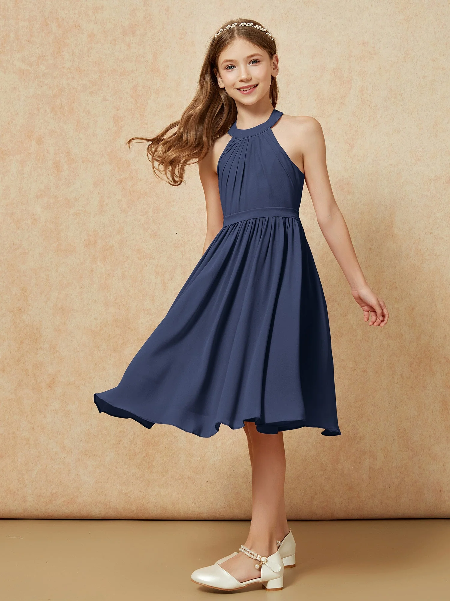 Griechischer Ausschnit Knielang Chiffon Junge Brautjungfernkleider Dunkelmarine - Image 5