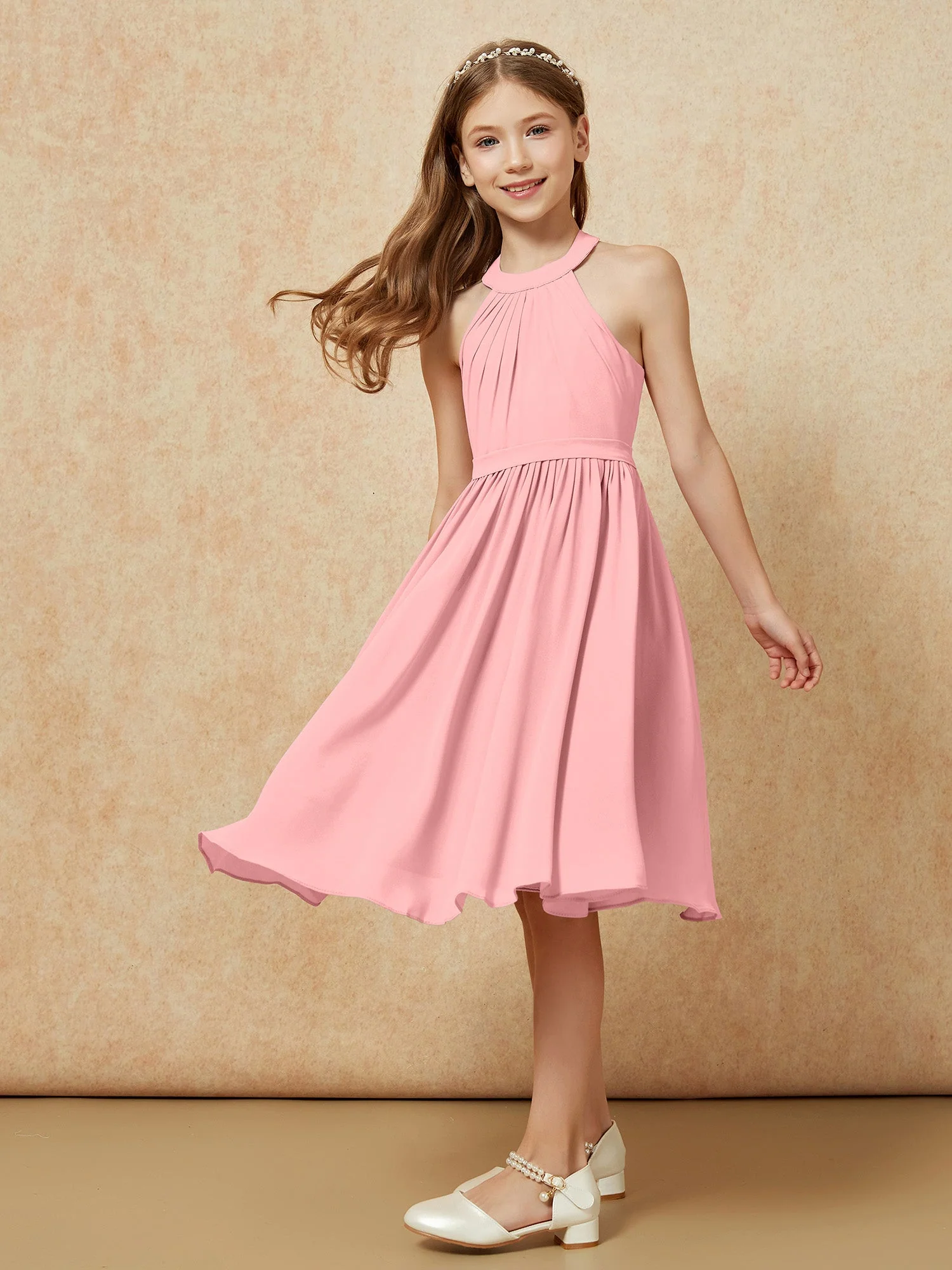 Griechischer Ausschnit Knielang Chiffon Junge Brautjungfernkleider Flamingo - Image 5