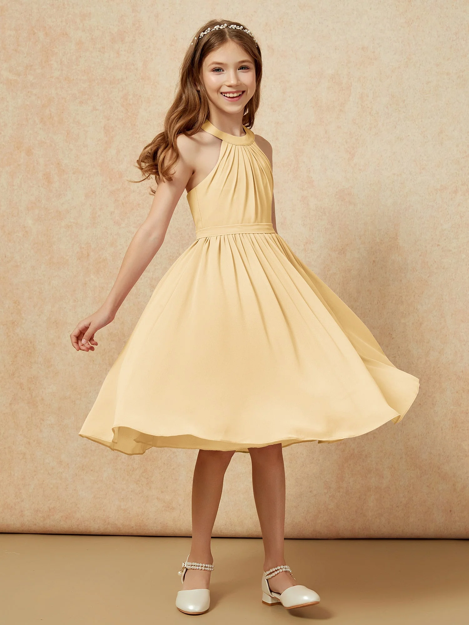 Griechischer Ausschnit Knielang Chiffon Junge Brautjungfernkleider Gold - Image 3
