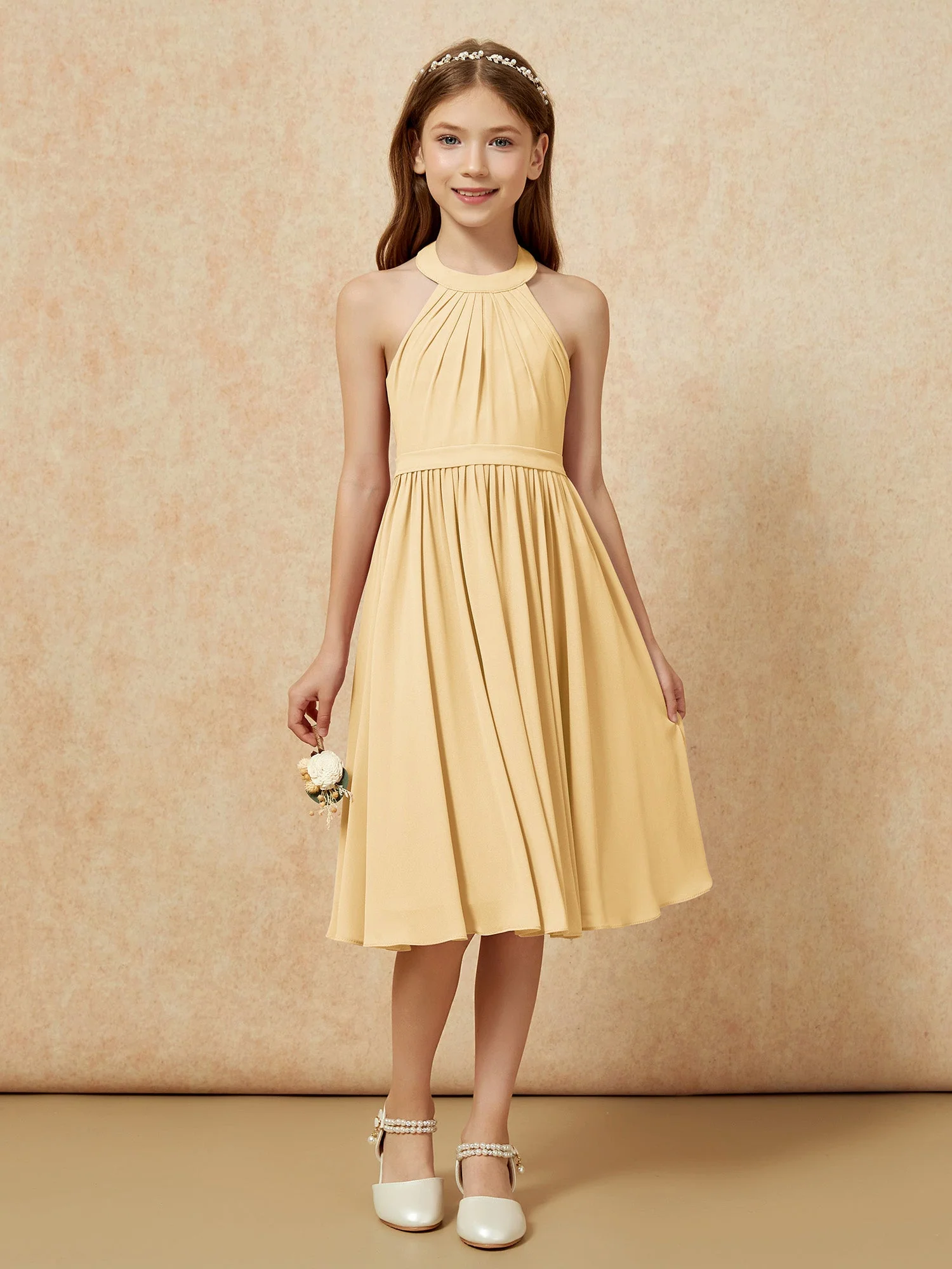 Griechischer Ausschnit Knielang Chiffon Junge Brautjungfernkleider Gold - Image 4