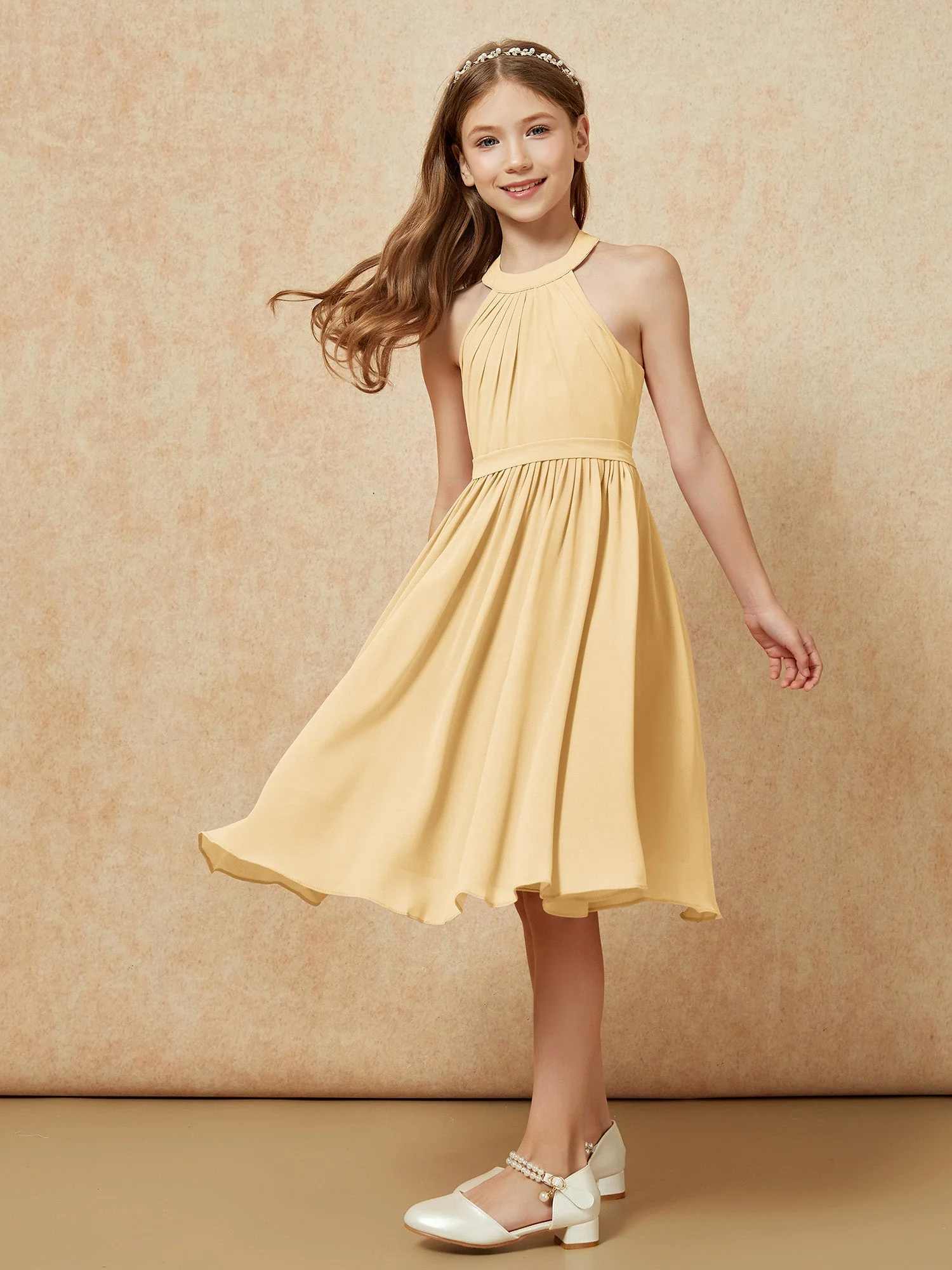Griechischer Ausschnit Knielang Chiffon Junge Brautjungfernkleider Gold - Image 5