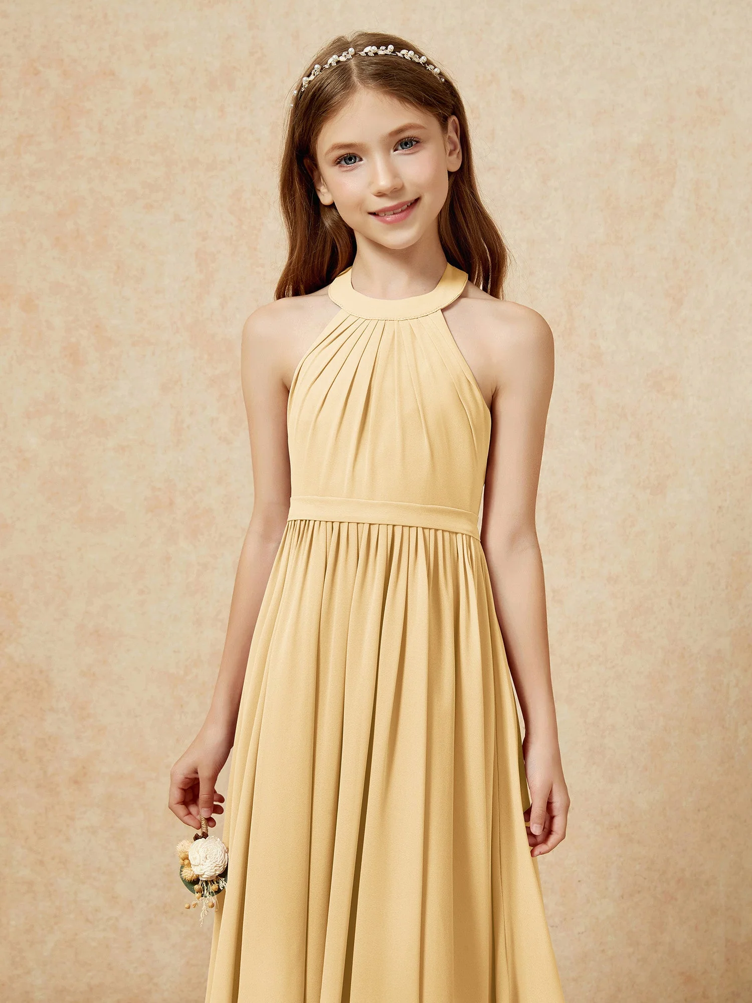 Griechischer Ausschnit Knielang Chiffon Junge Brautjungfernkleider Gold - Image 6