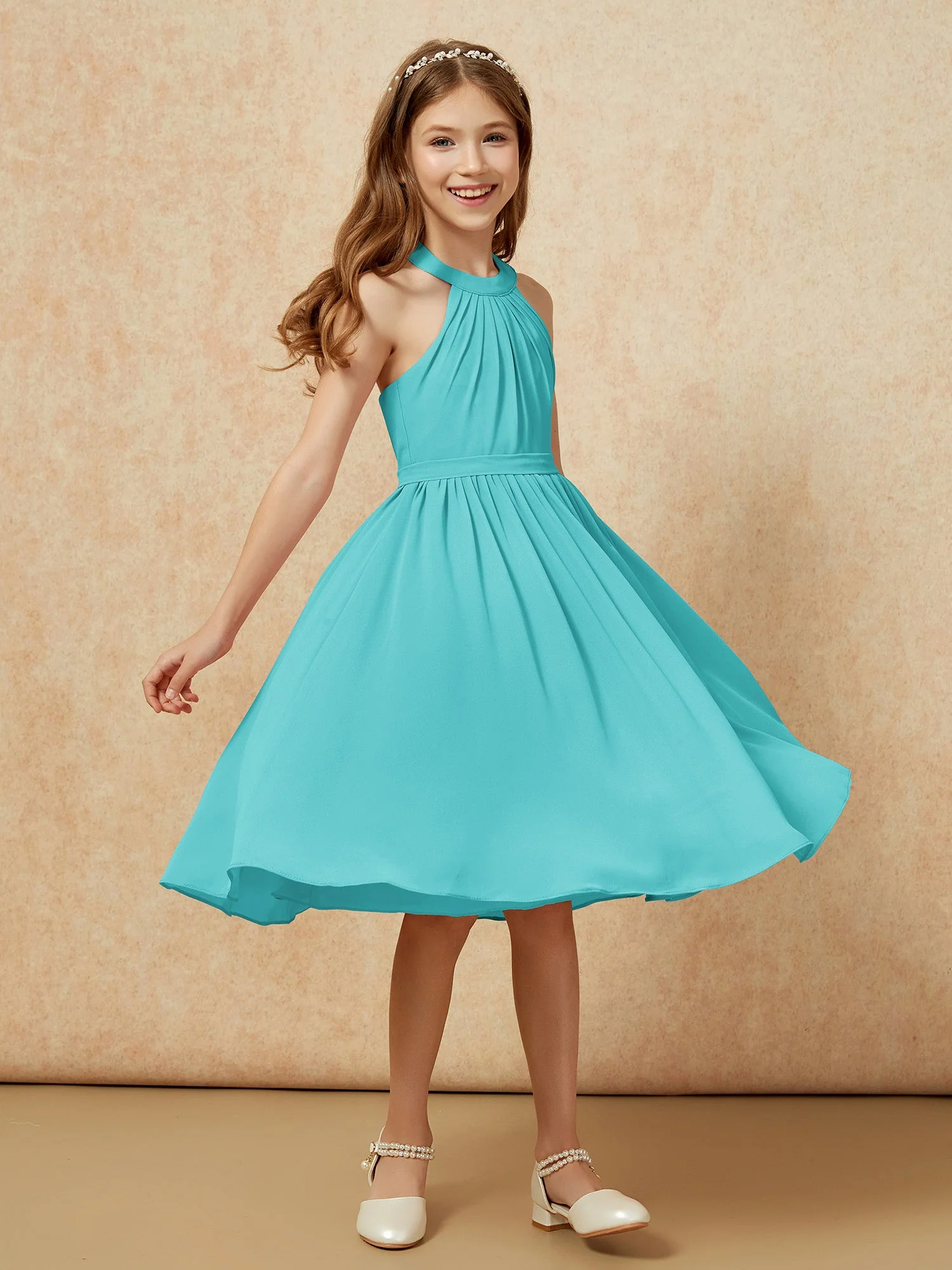 Griechischer Ausschnit Knielang Chiffon Junge Brautjungfernkleider Jade - Image 3
