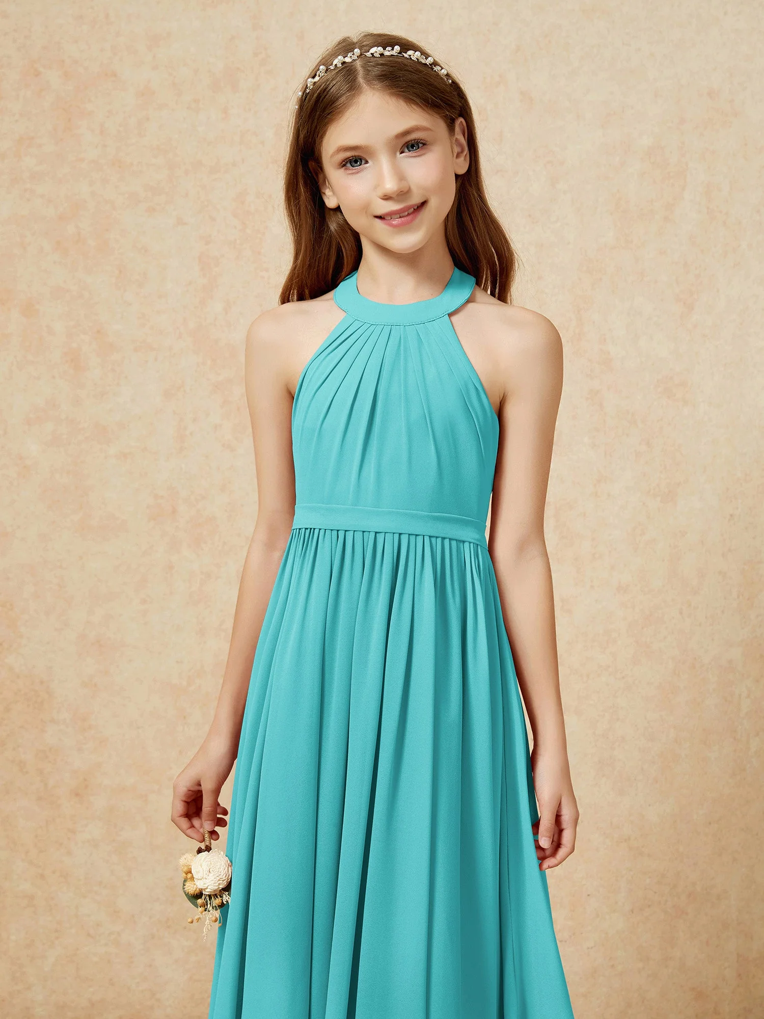 Griechischer Ausschnit Knielang Chiffon Junge Brautjungfernkleider Jade - Image 6