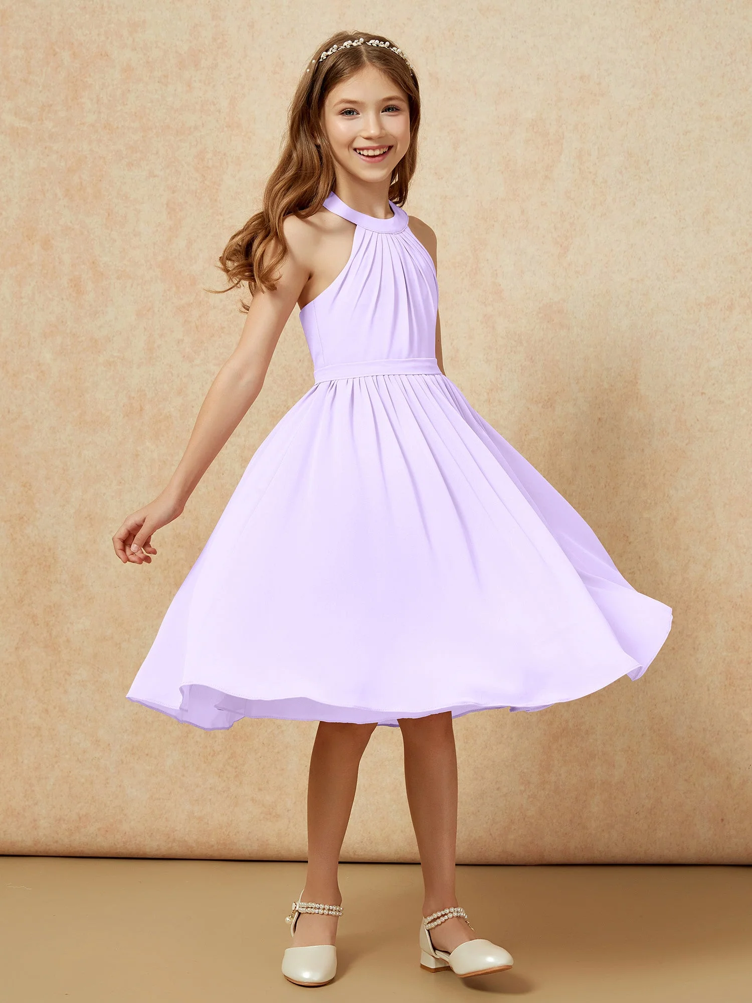 Griechischer Ausschnit Knielang Chiffon Junge Brautjungfernkleider Lila - Image 3