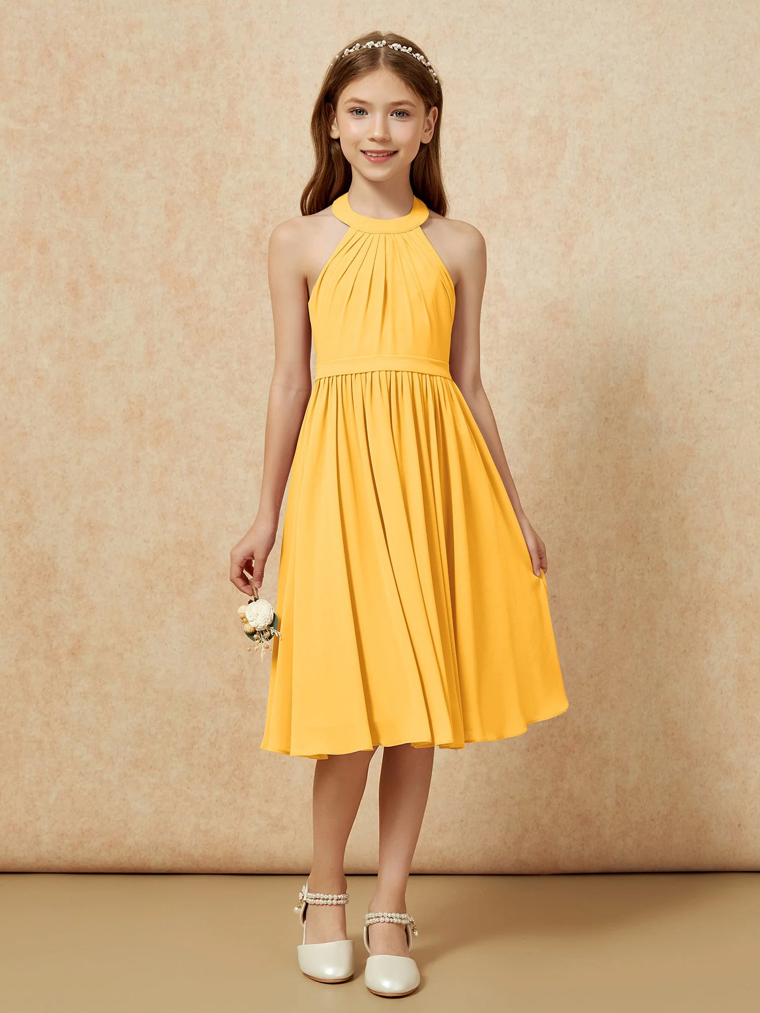 Griechischer Ausschnit Knielang Chiffon Junge Brautjungfernkleider Mandarine - Image 4