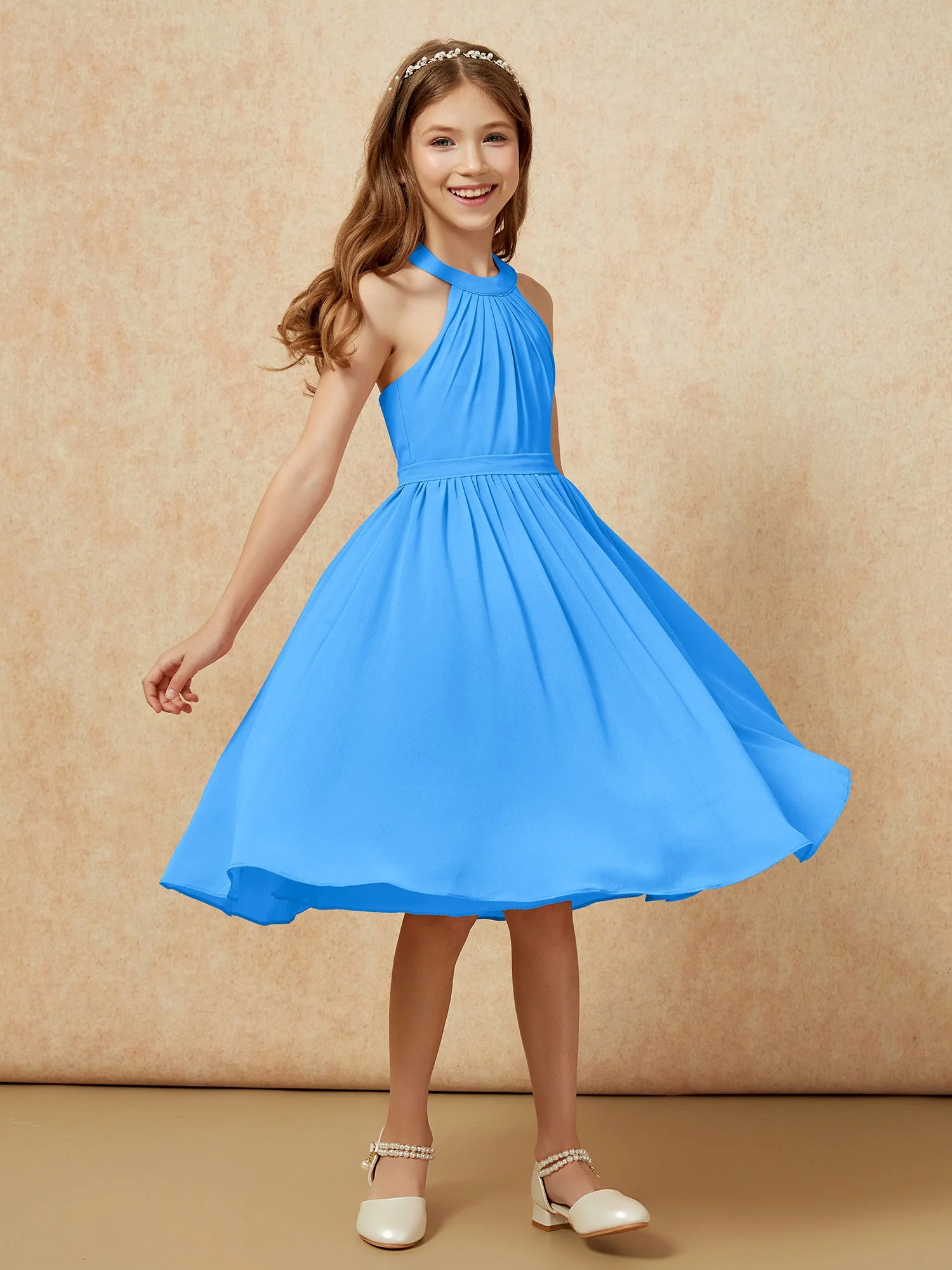 Griechischer Ausschnit Knielang Chiffon Junge Brautjungfernkleider Meerblau - Image 3