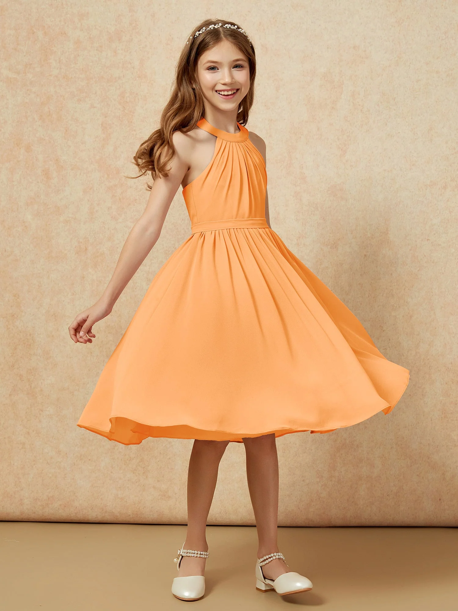 Griechischer Ausschnit Knielang Chiffon Junge Brautjungfernkleider Orange - Image 3