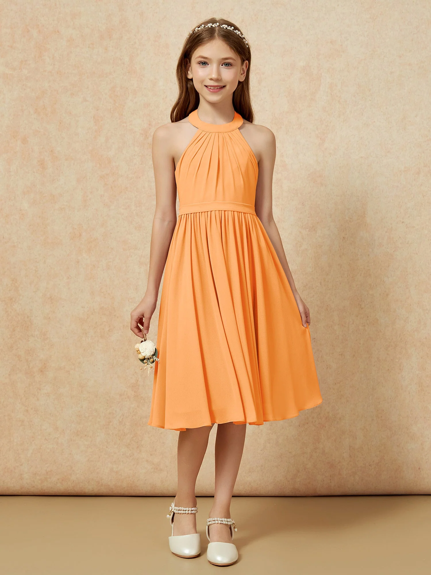 Griechischer Ausschnit Knielang Chiffon Junge Brautjungfernkleider Orange - Image 4