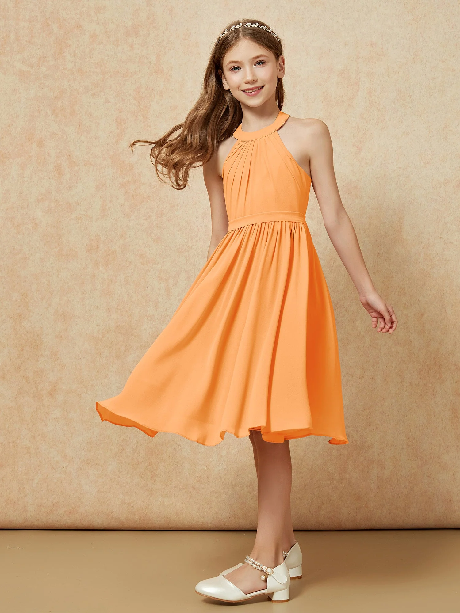 Griechischer Ausschnit Knielang Chiffon Junge Brautjungfernkleider Orange - Image 5