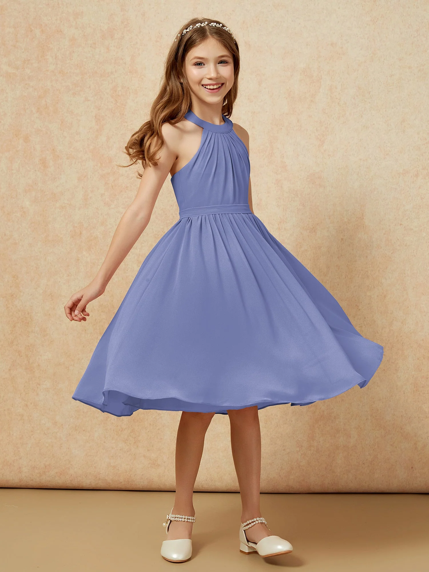 Griechischer Ausschnit Knielang Chiffon Junge Brautjungfernkleider Periwinkleblau - Image 3