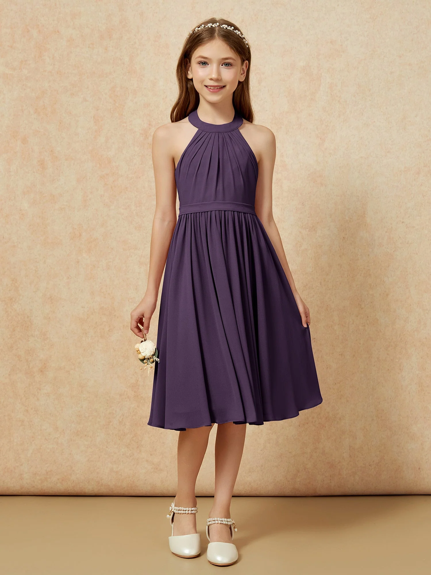 Griechischer Ausschnit Knielang Chiffon Junge Brautjungfernkleider Plum - Image 4