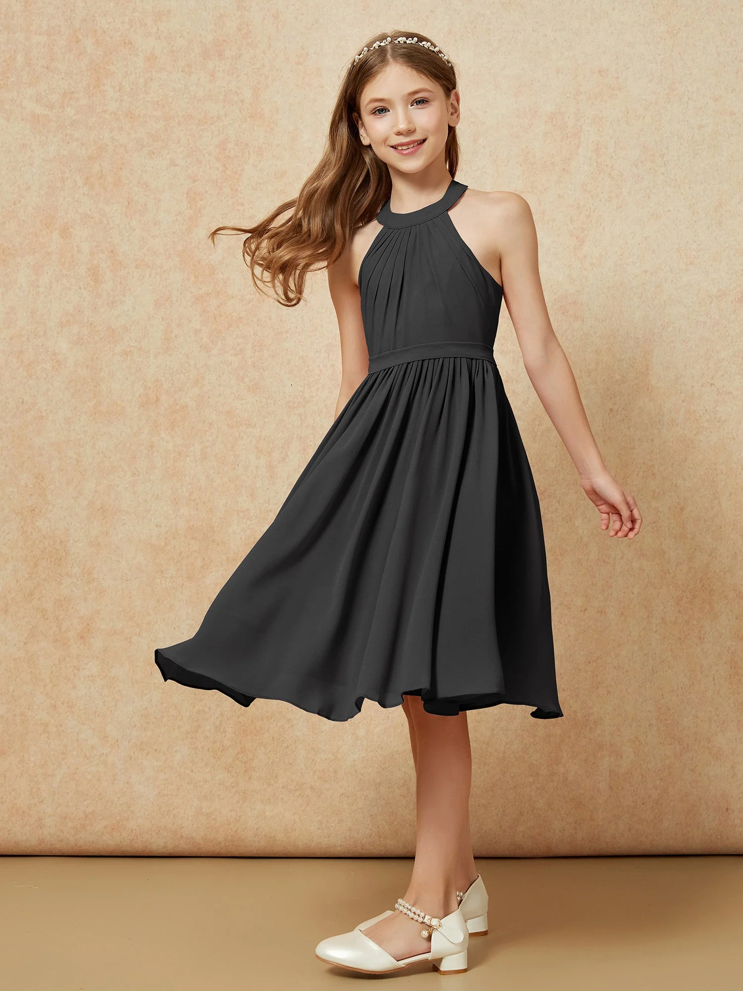 Griechischer Ausschnit Knielang Chiffon Junge Brautjungfernkleider Schwarz - Image 5