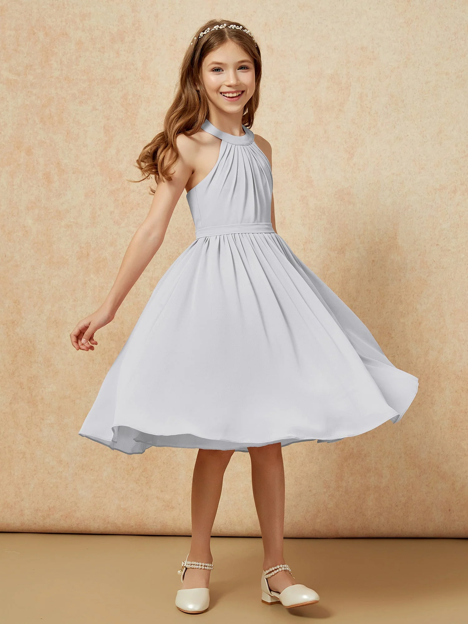 Griechischer Ausschnit Knielang Chiffon Junge Brautjungfernkleider Silber - Image 3