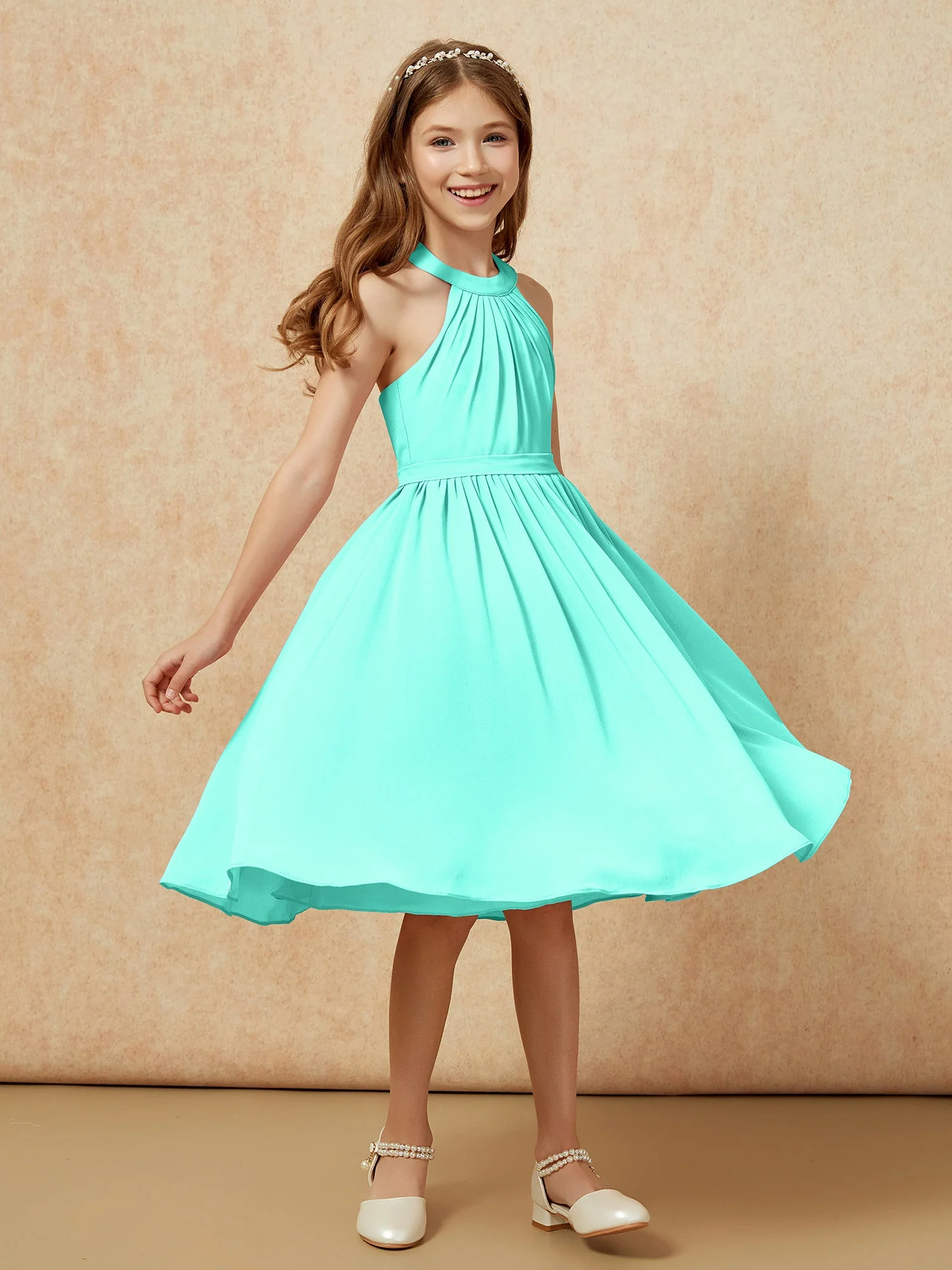 Griechischer Ausschnit Knielang Chiffon Junge Brautjungfernkleider Spa - Image 3