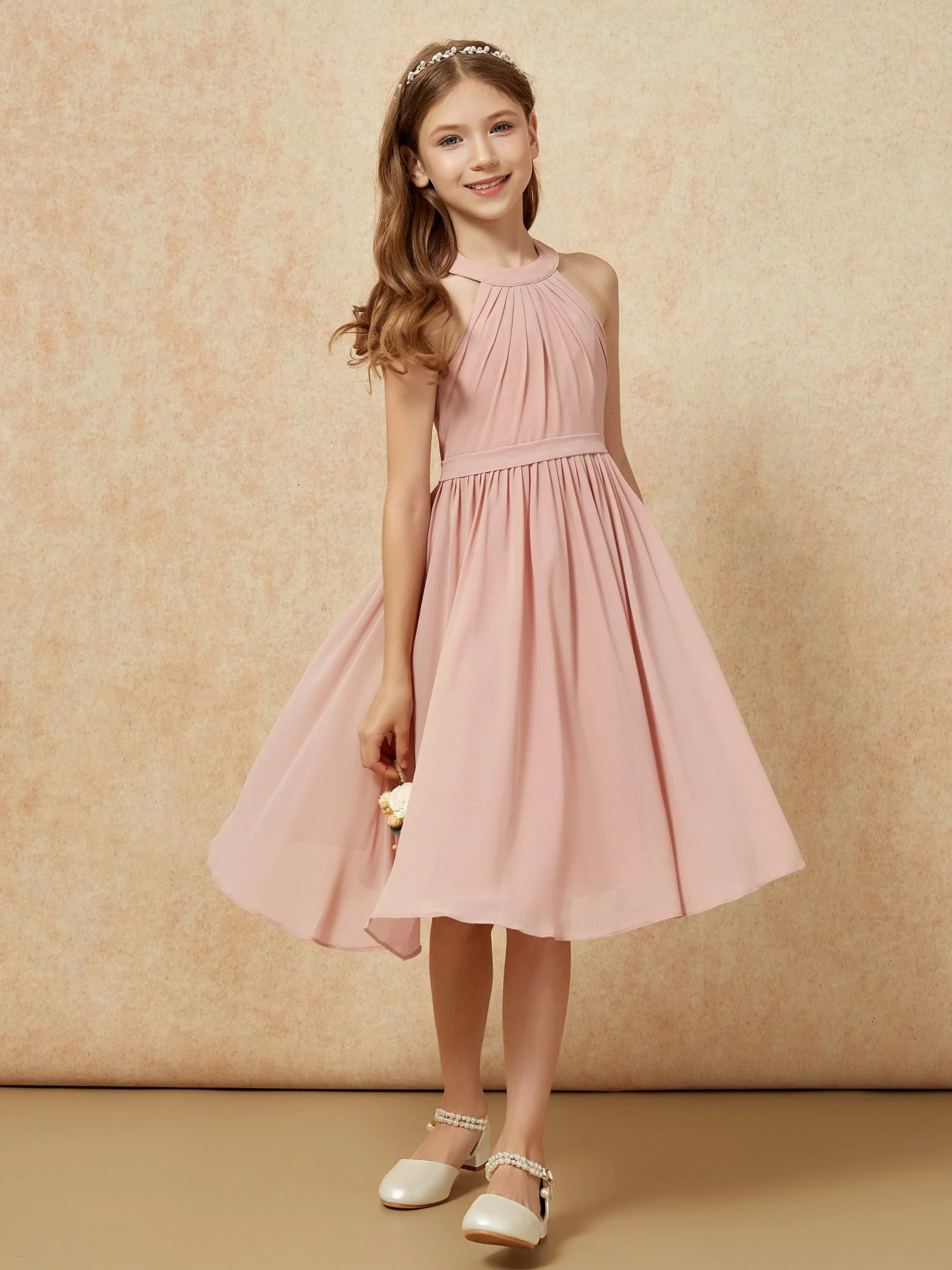 Griechischer Ausschnit Knielang Chiffon Junge Brautjungfernkleider Staubige Rosa