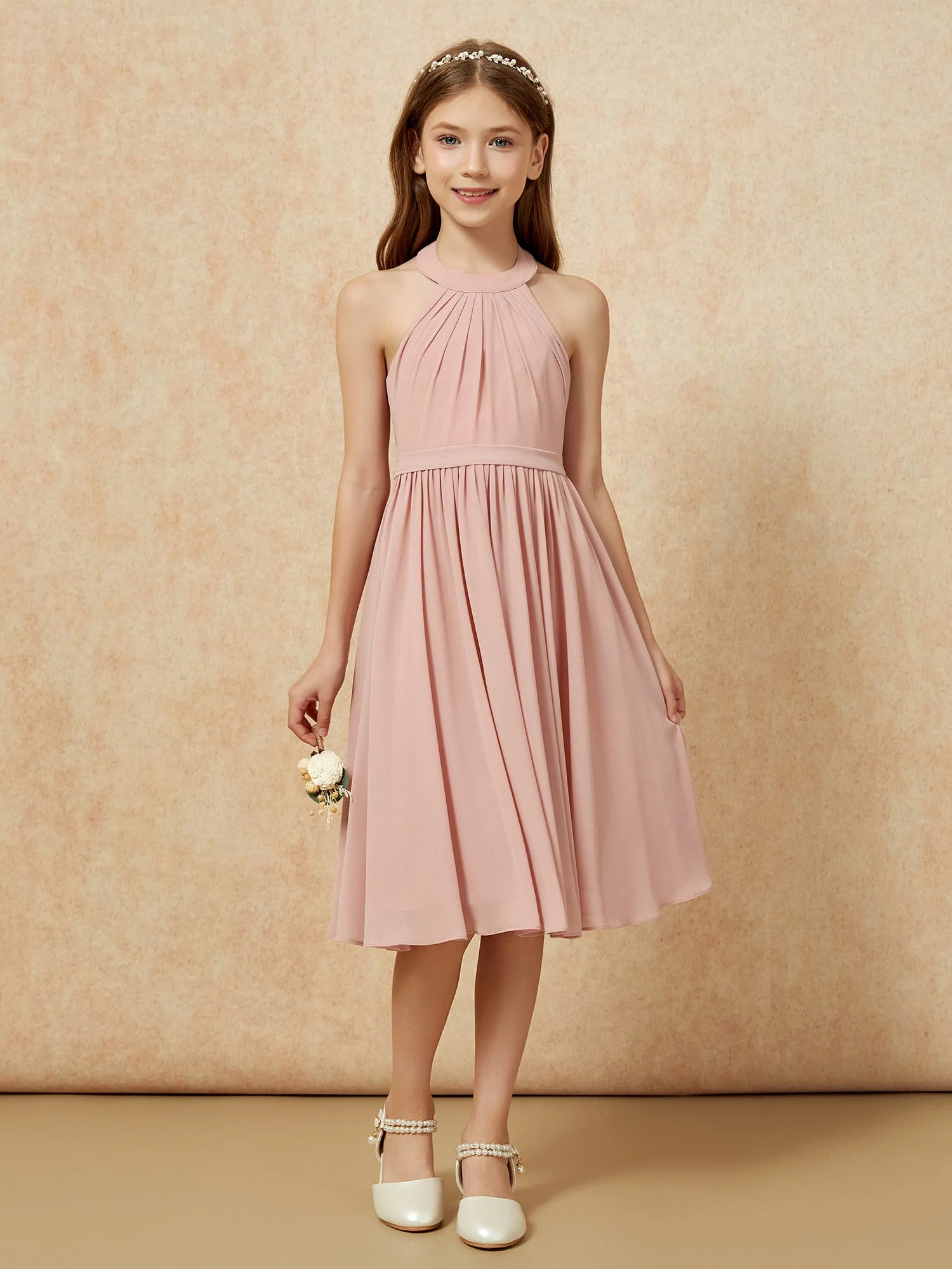 Griechischer Ausschnit Knielang Chiffon Junge Brautjungfernkleider Staubige Rosa - Image 4