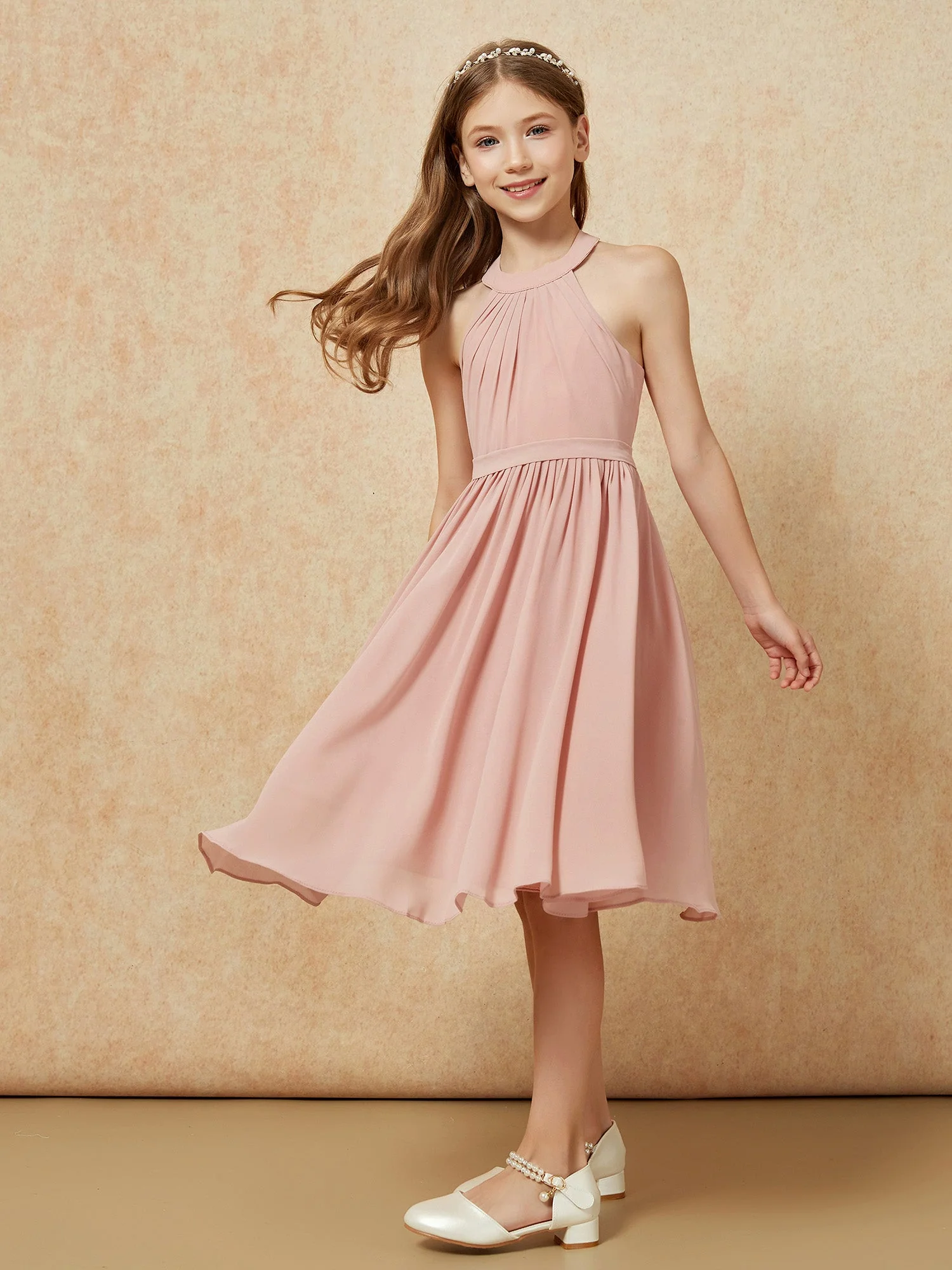 Griechischer Ausschnit Knielang Chiffon Junge Brautjungfernkleider Staubige Rosa - Image 5
