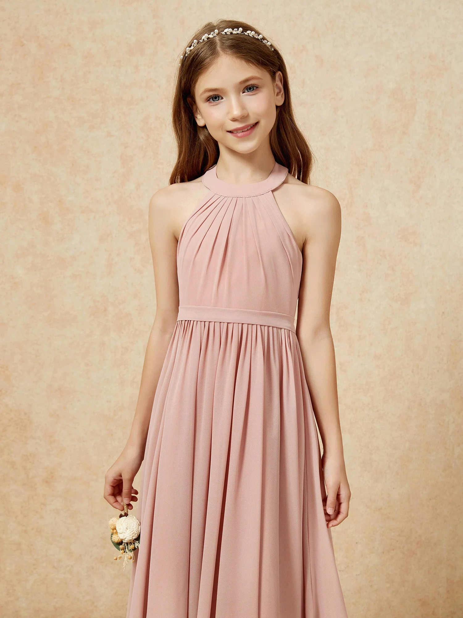 Griechischer Ausschnit Knielang Chiffon Junge Brautjungfernkleider Staubige Rosa - Image 6