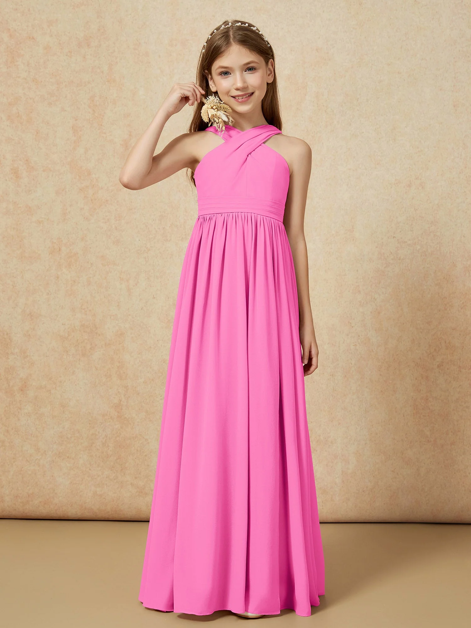 Griechischer Ausschnitt Chiffon Junge Brautjungfernkleider mit Schlitz Azalee