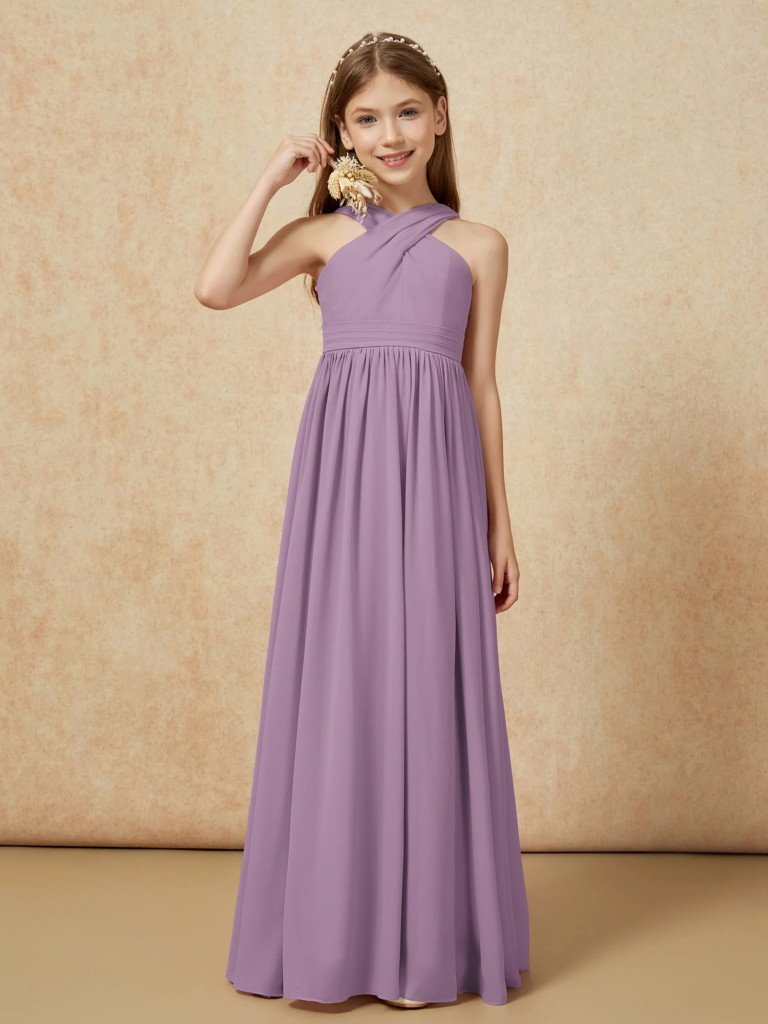 Griechischer Ausschnitt Chiffon Junge Brautjungfernkleider mit Schlitz Blauregen