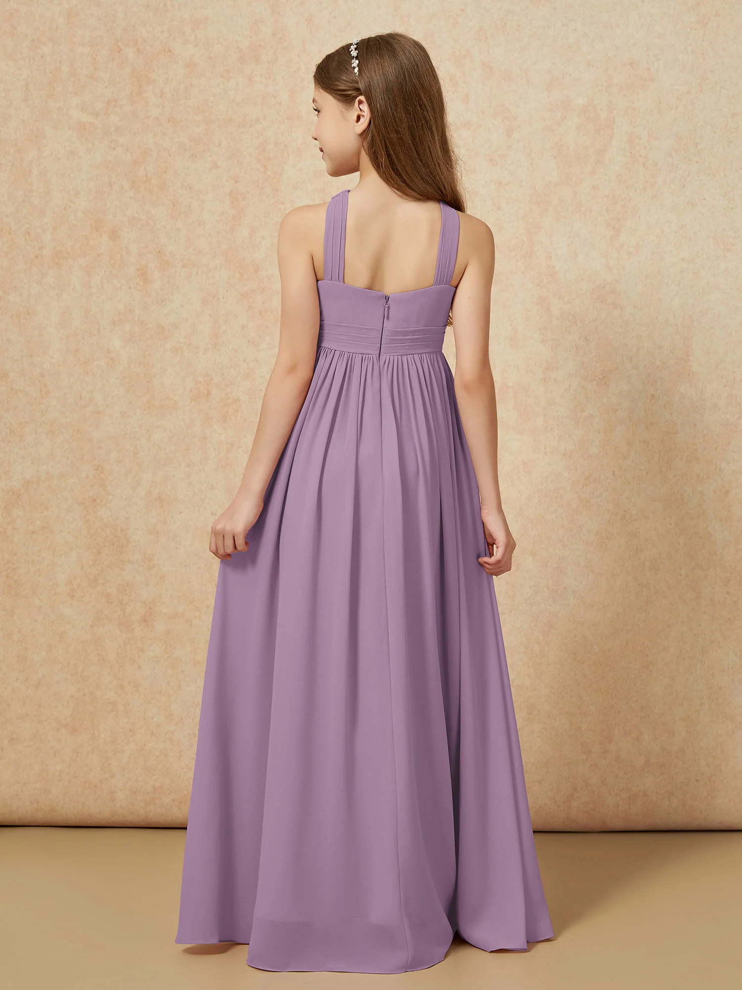Griechischer Ausschnitt Chiffon Junge Brautjungfernkleider mit Schlitz Blauregen - Image 2