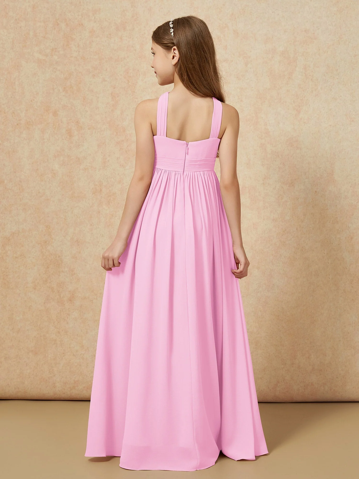 Griechischer Ausschnitt Chiffon Junge Brautjungfernkleider mit Schlitz Bonbonrosa - Image 2