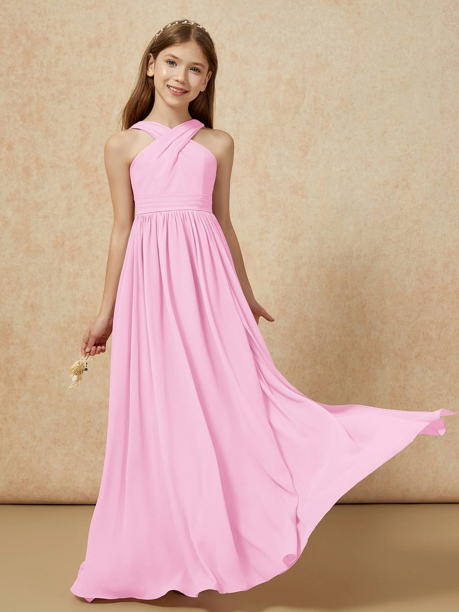 Griechischer Ausschnitt Chiffon Junge Brautjungfernkleider mit Schlitz Bonbonrosa - Image 5