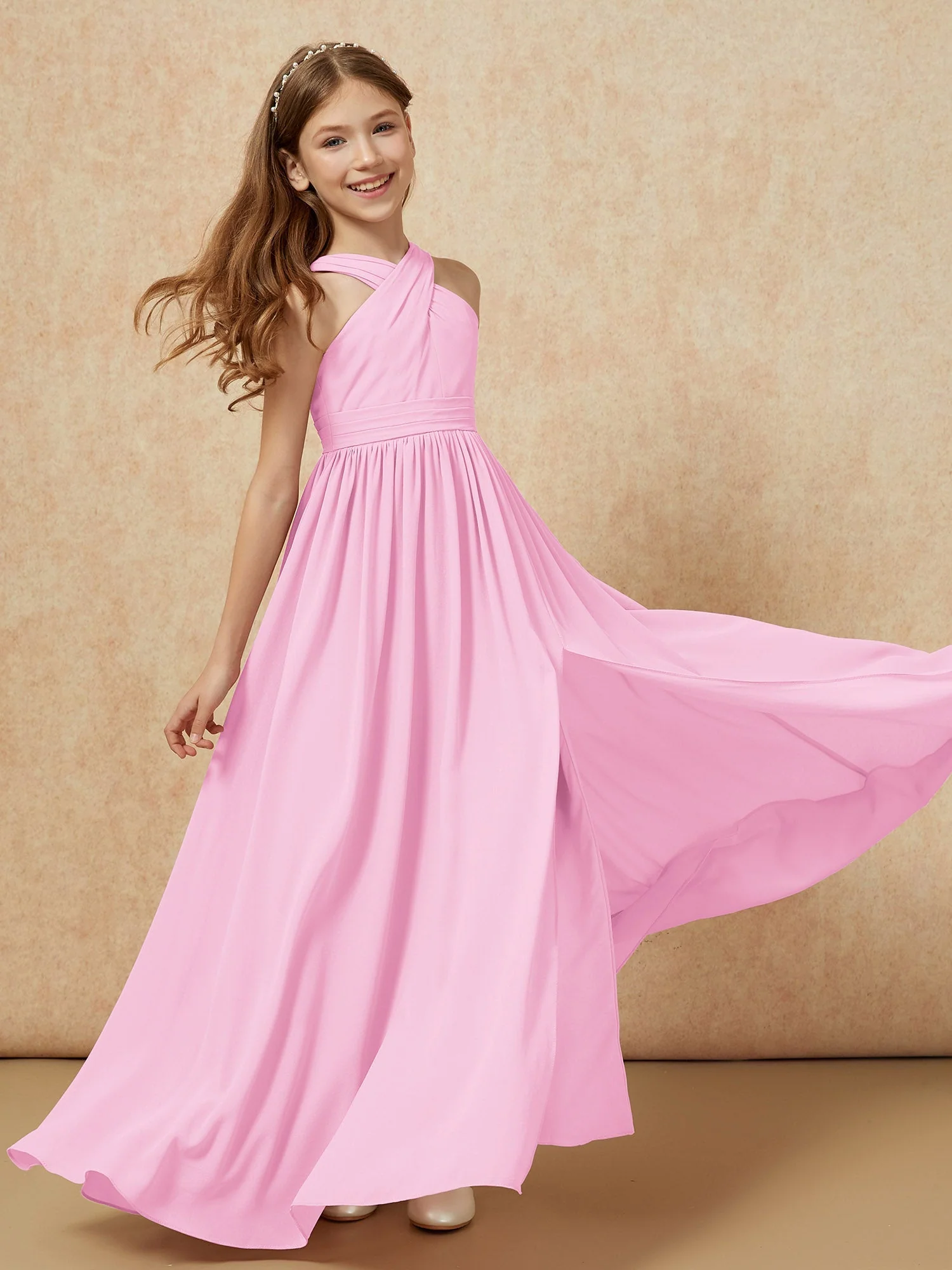 Griechischer Ausschnitt Chiffon Junge Brautjungfernkleider mit Schlitz Bonbonrosa - Image 6