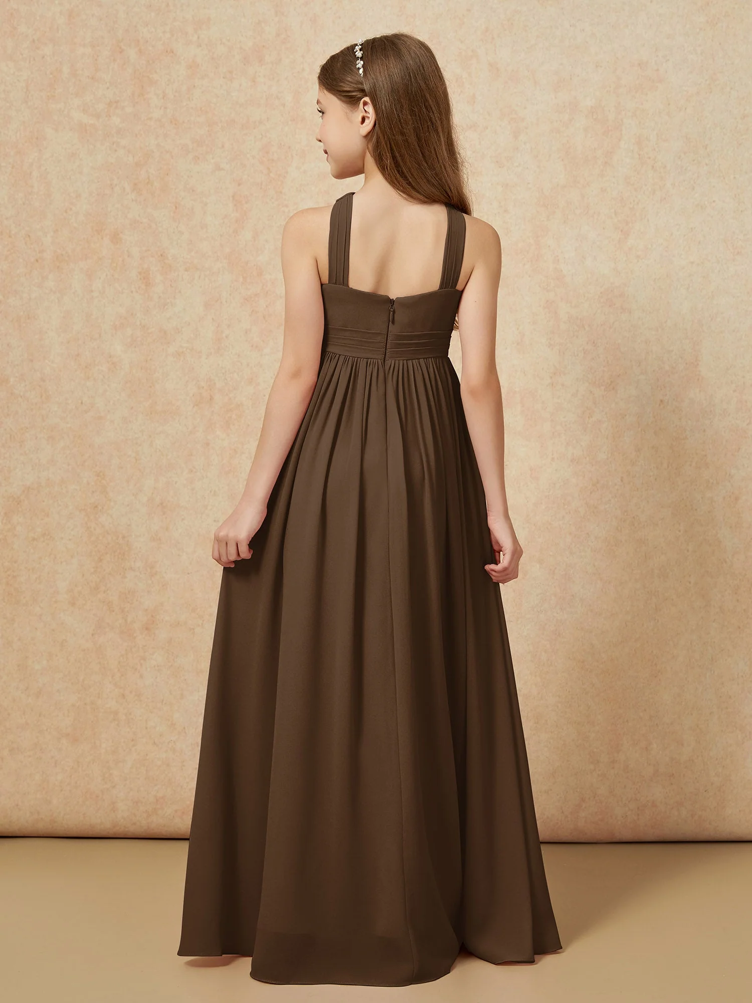 Griechischer Ausschnitt Chiffon Junge Brautjungfernkleider mit Schlitz Braun - Image 2