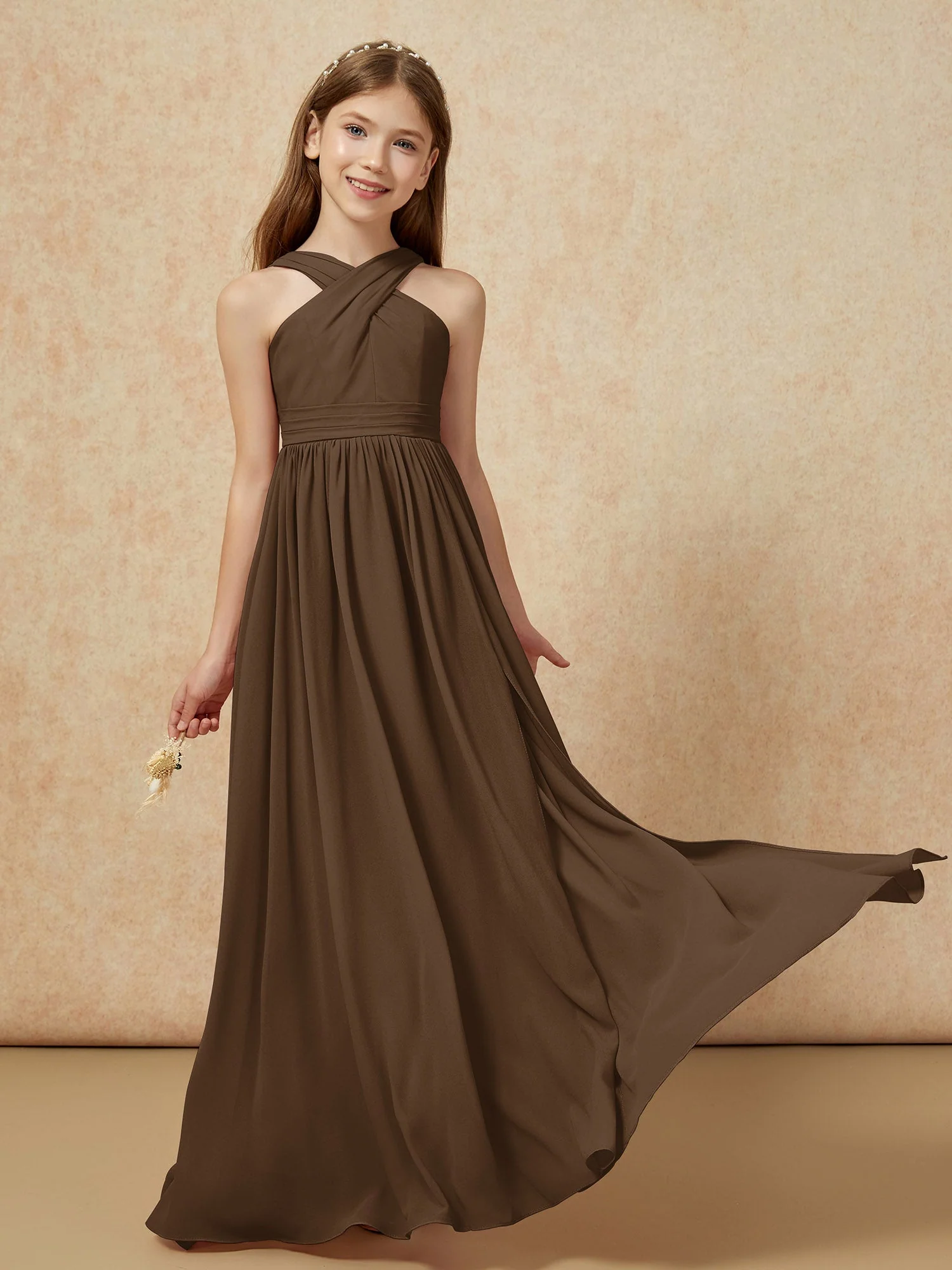 Griechischer Ausschnitt Chiffon Junge Brautjungfernkleider mit Schlitz Braun - Image 5