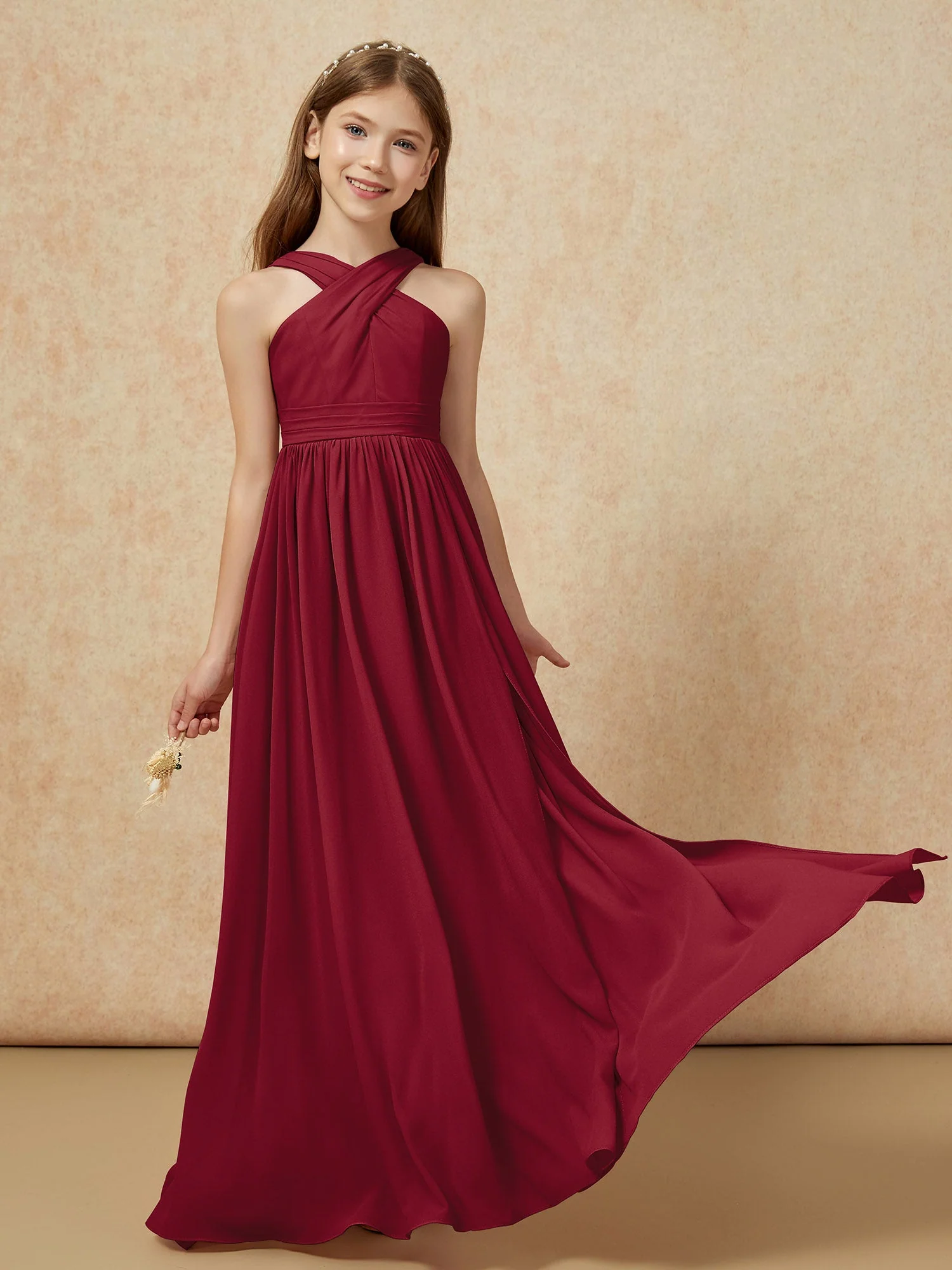 Griechischer Ausschnitt Chiffon Junge Brautjungfernkleider mit Schlitz Burgunderrot - Image 5