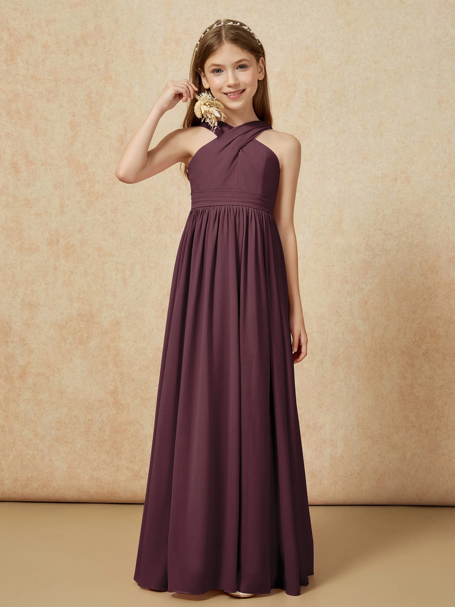 Griechischer Ausschnitt Chiffon Junge Brautjungfernkleider mit Schlitz Cabernet