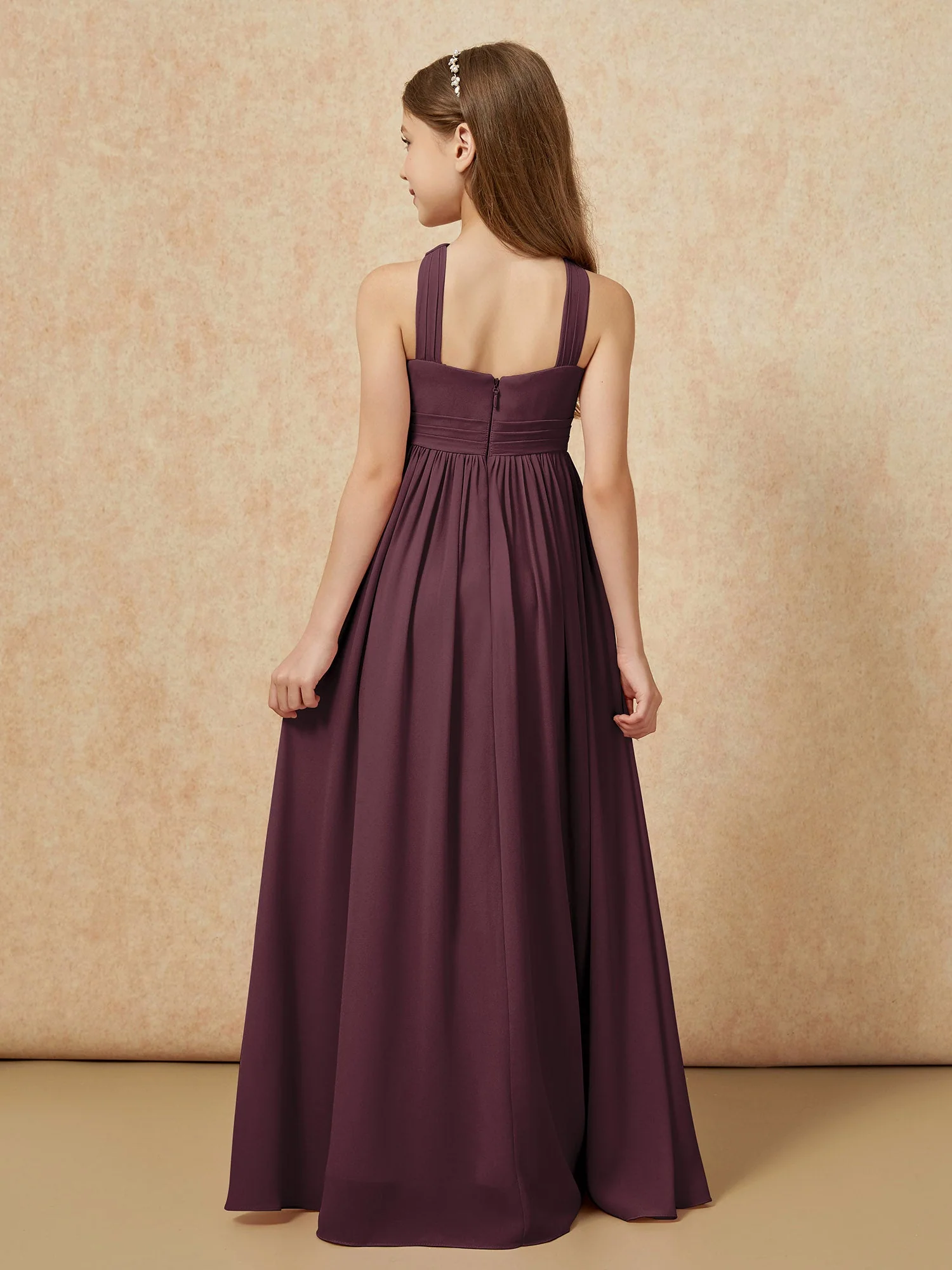 Griechischer Ausschnitt Chiffon Junge Brautjungfernkleider mit Schlitz Cabernet - Image 2