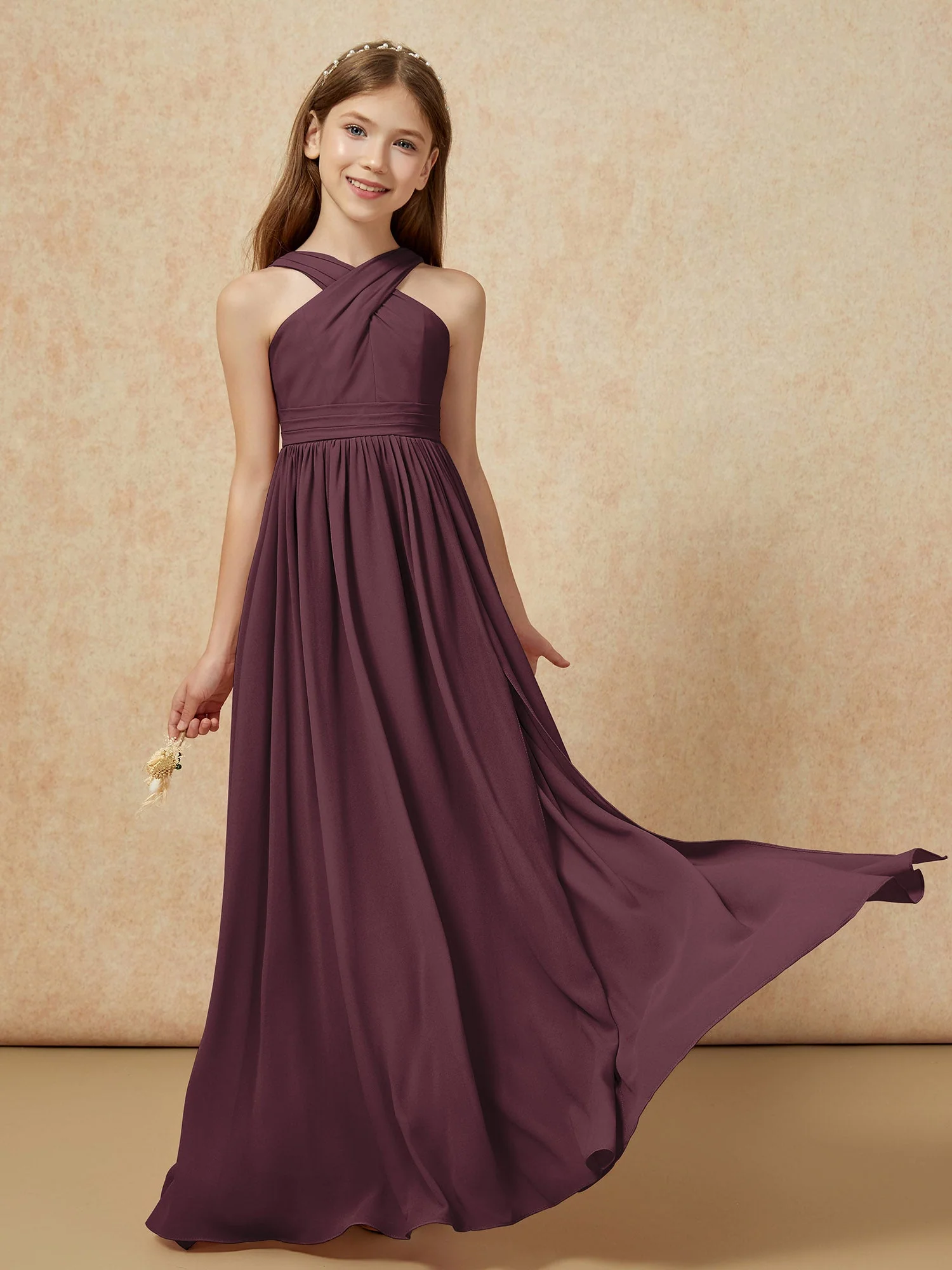Griechischer Ausschnitt Chiffon Junge Brautjungfernkleider mit Schlitz Cabernet - Image 5