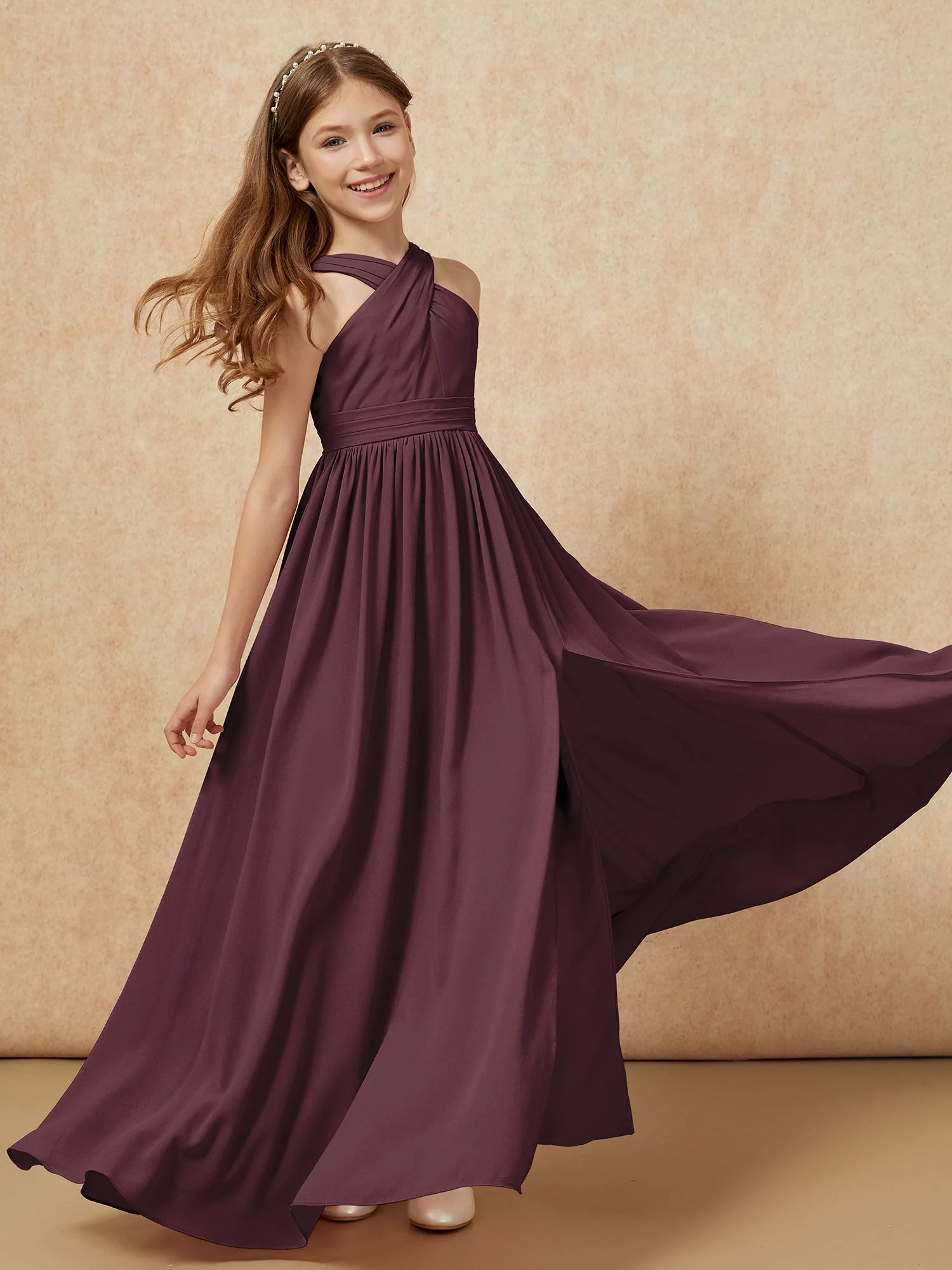 Griechischer Ausschnitt Chiffon Junge Brautjungfernkleider mit Schlitz Cabernet - Image 6