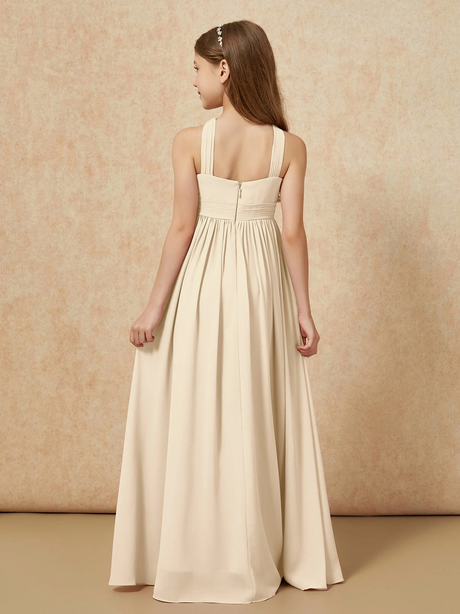 Griechischer Ausschnitt Chiffon Junge Brautjungfernkleider mit Schlitz Champagner - Image 2