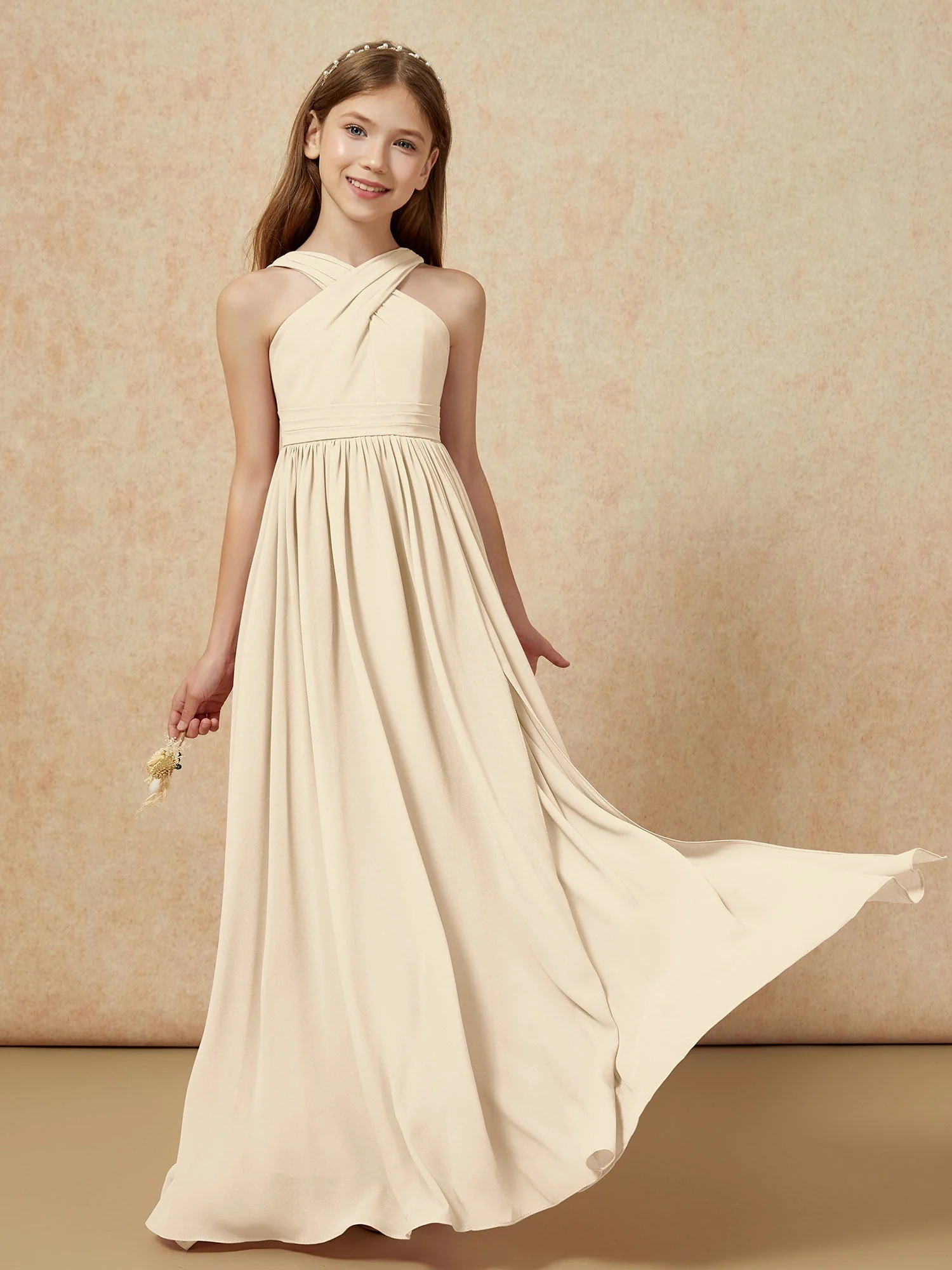 Griechischer Ausschnitt Chiffon Junge Brautjungfernkleider mit Schlitz Champagner - Image 5