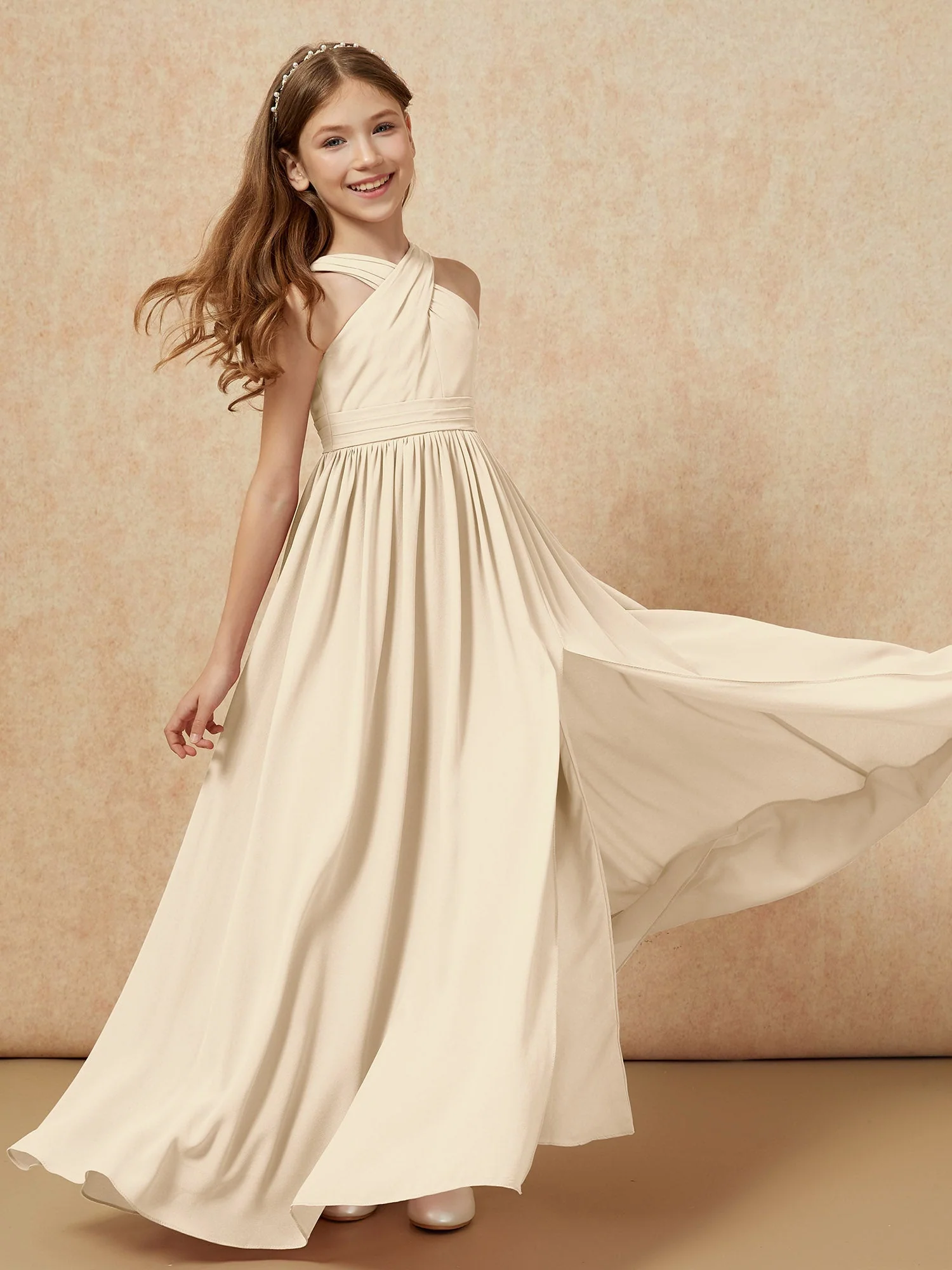 Griechischer Ausschnitt Chiffon Junge Brautjungfernkleider mit Schlitz Champagner - Image 6
