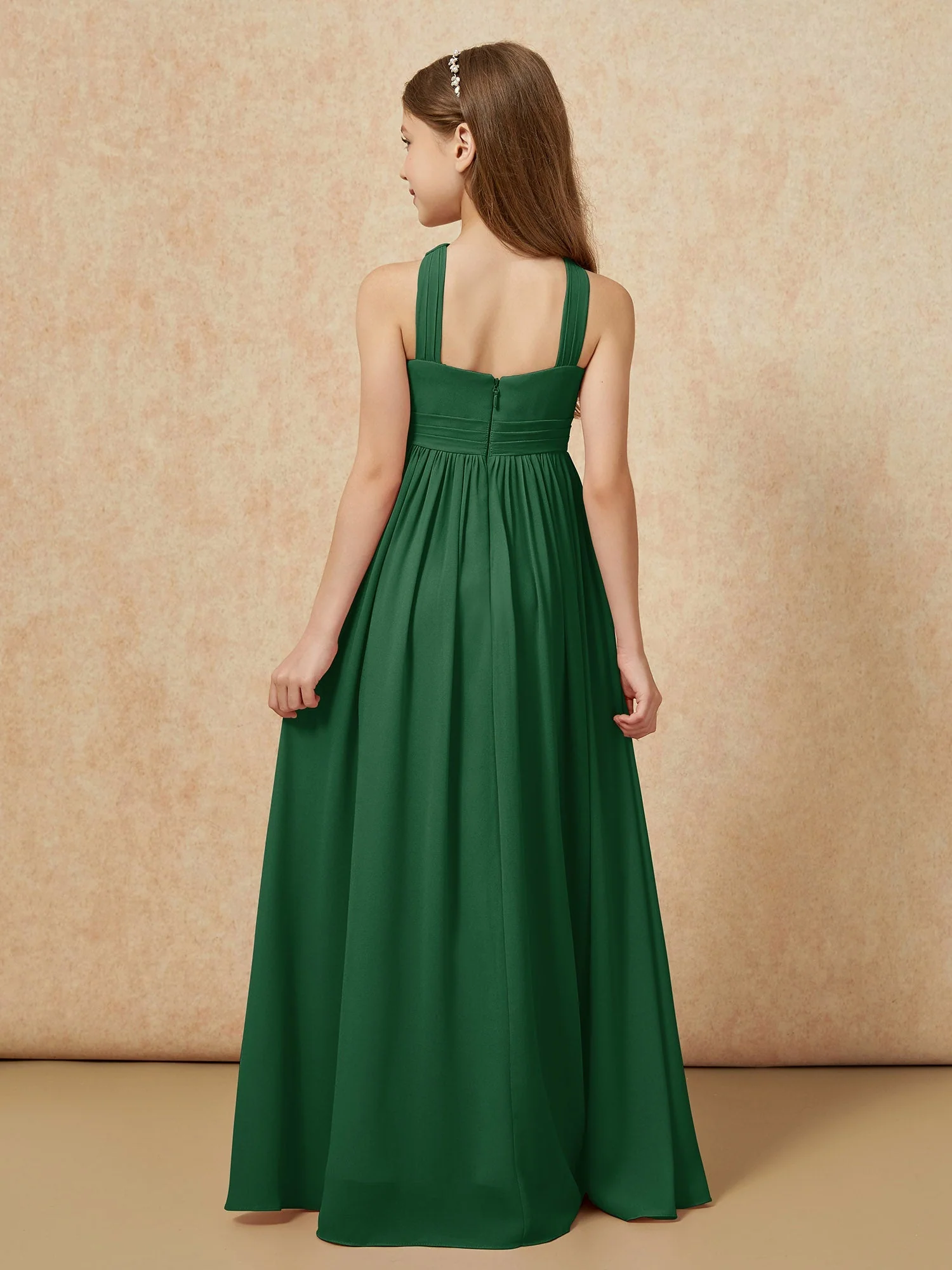 Griechischer Ausschnitt Chiffon Junge Brautjungfernkleider mit Schlitz Dunkelgrün - Image 2