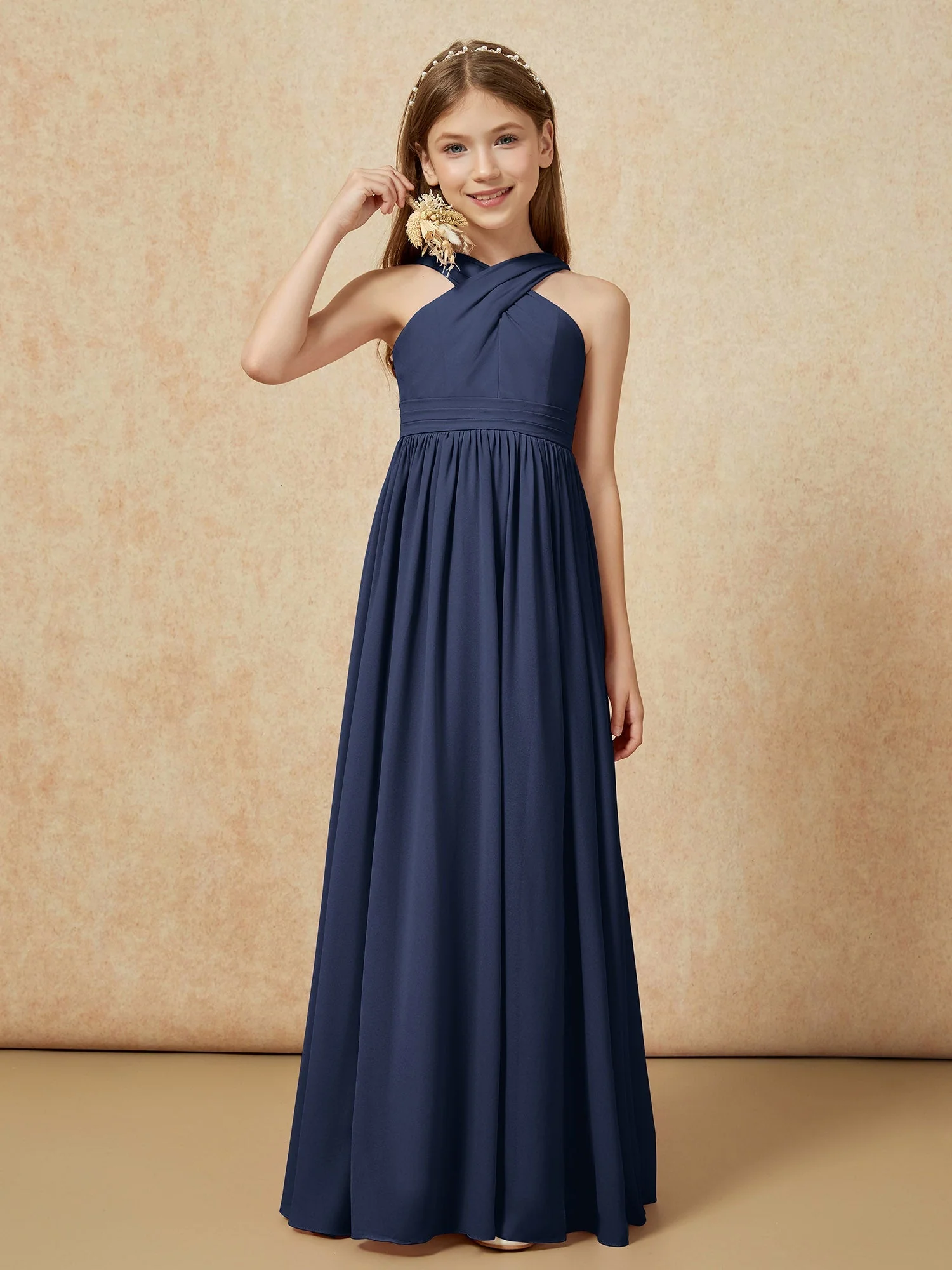 Griechischer Ausschnitt Chiffon Junge Brautjungfernkleider mit Schlitz Dunkelmarine