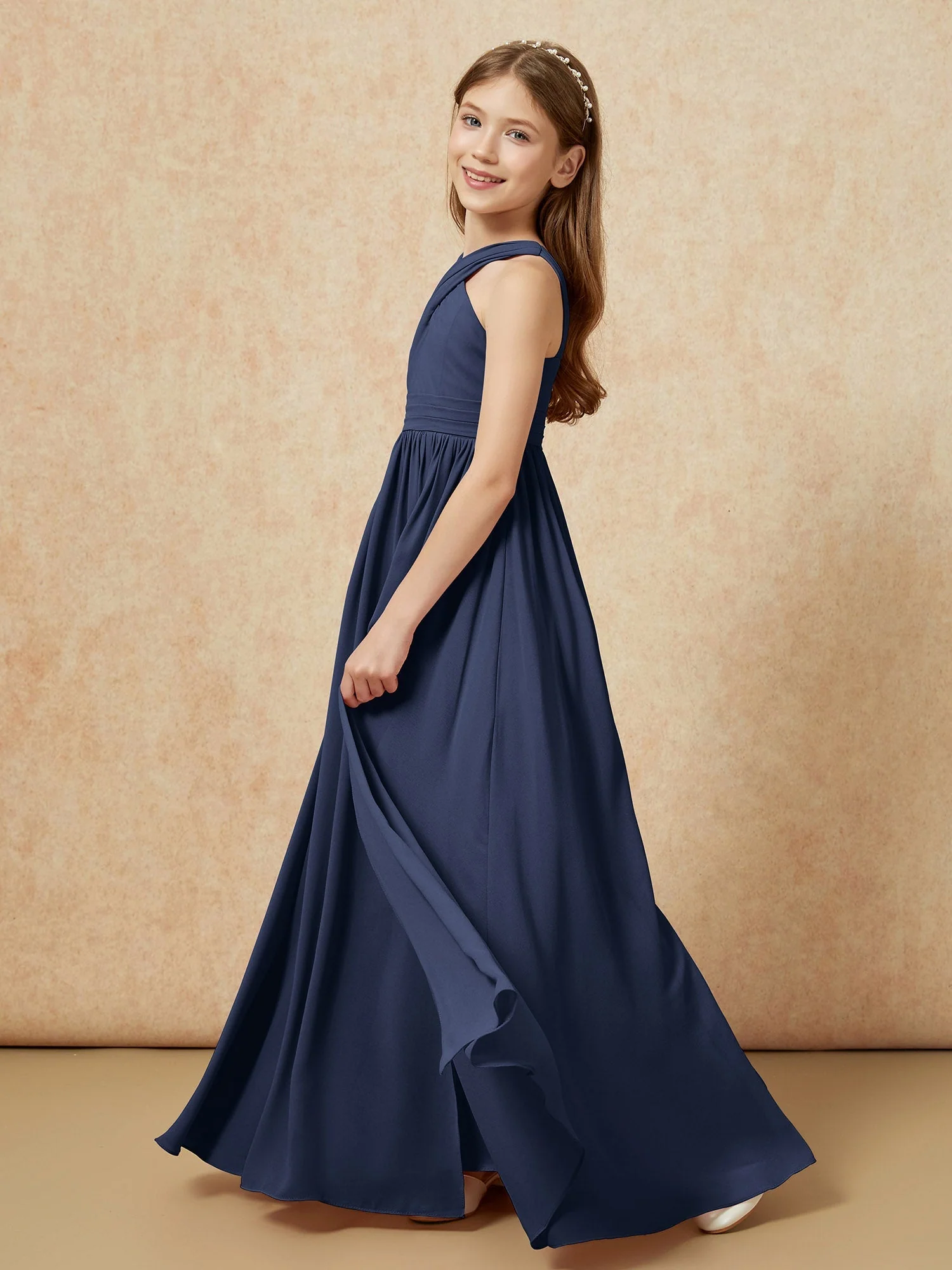 Griechischer Ausschnitt Chiffon Junge Brautjungfernkleider mit Schlitz Dunkelmarine - Image 3