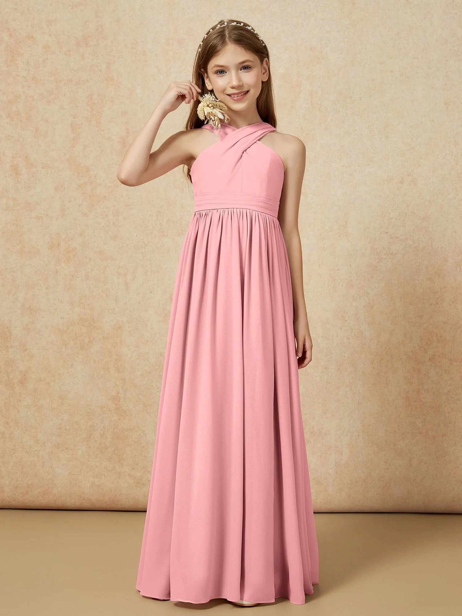 Griechischer Ausschnitt Chiffon Junge Brautjungfernkleider mit Schlitz Flamingo