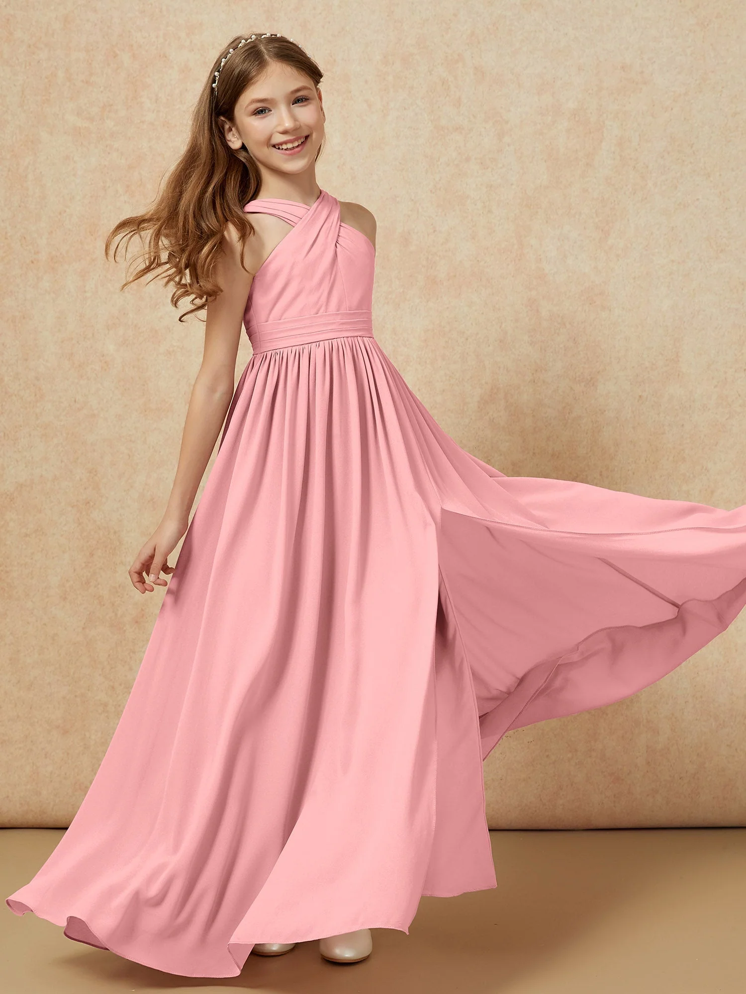 Griechischer Ausschnitt Chiffon Junge Brautjungfernkleider mit Schlitz Flamingo - Image 6