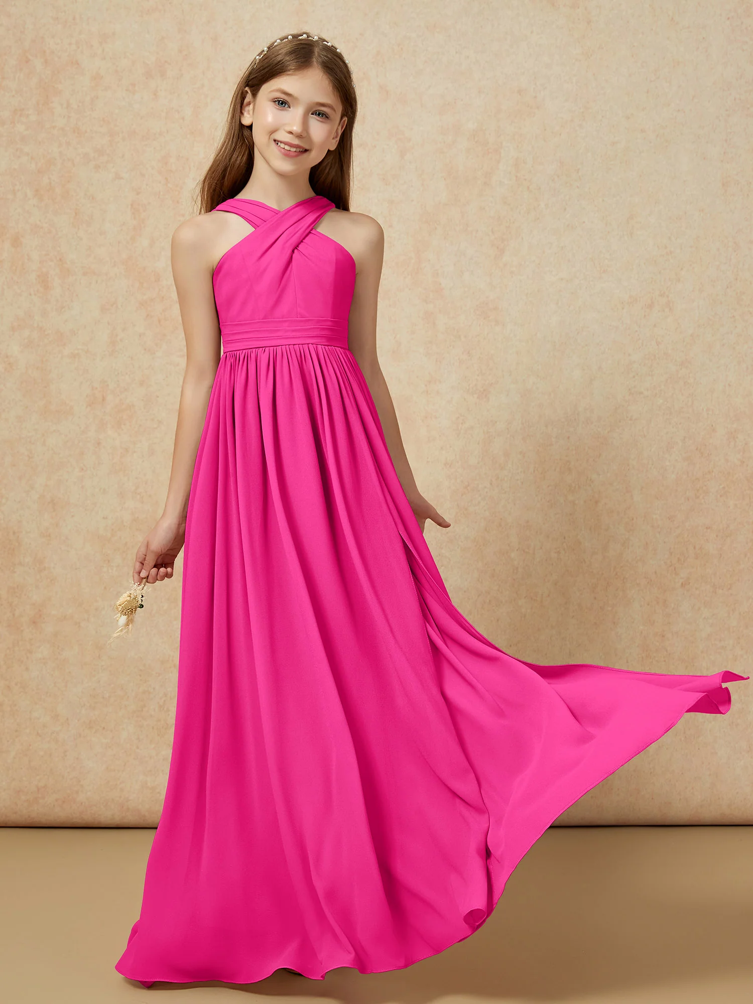 Griechischer Ausschnitt Chiffon Junge Brautjungfernkleider mit Schlitz Fuchsia - Image 5