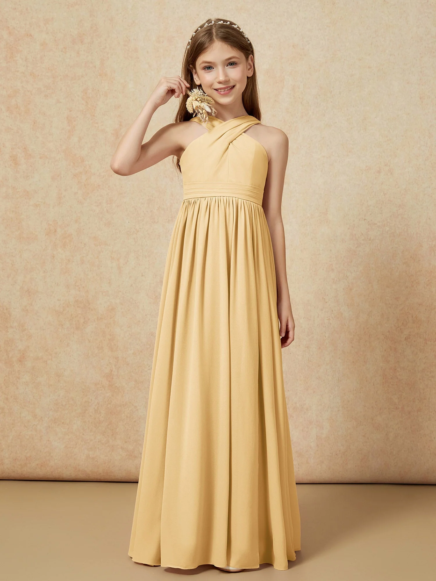 Griechischer Ausschnitt Chiffon Junge Brautjungfernkleider mit Schlitz Gold