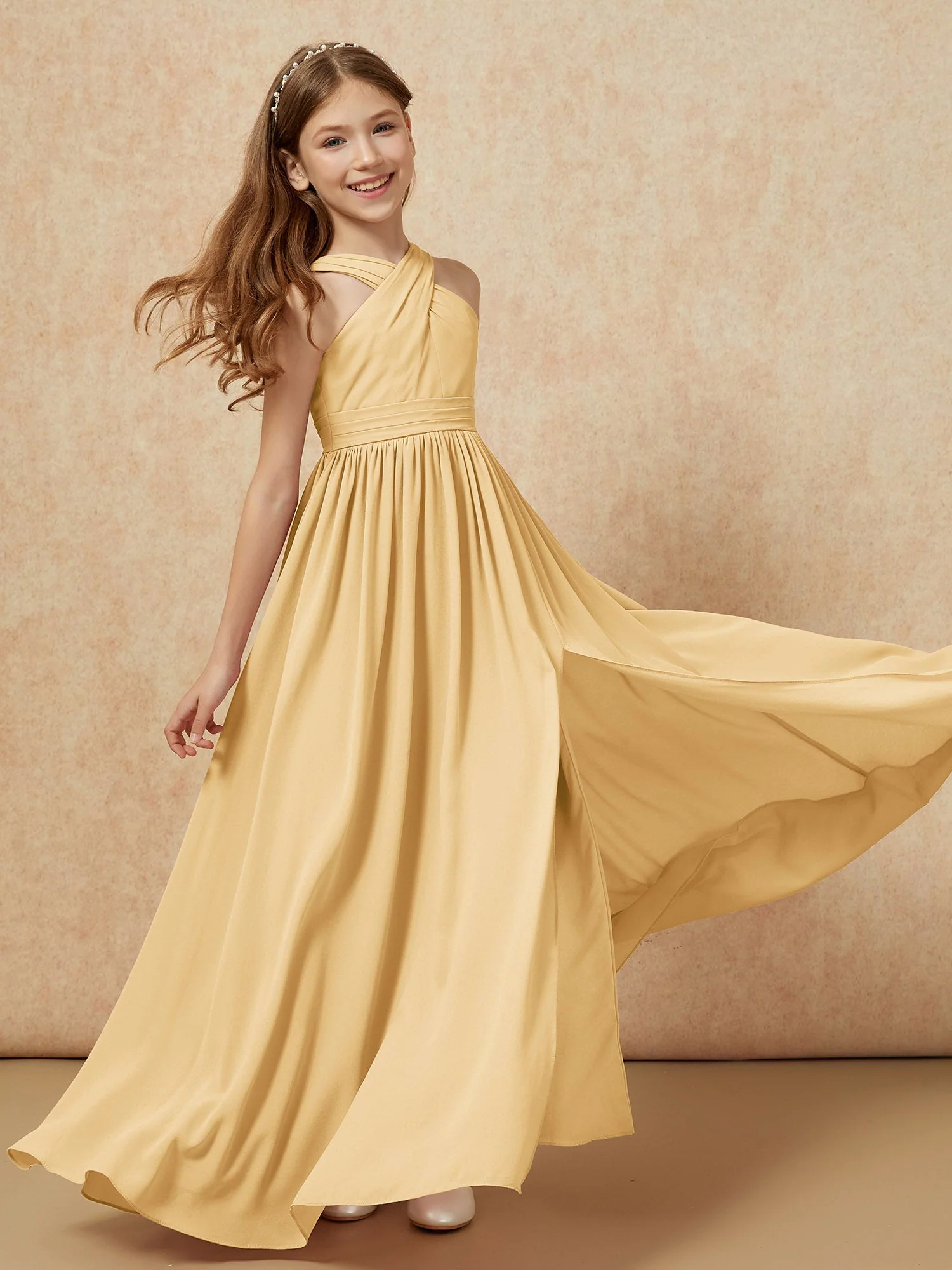 Griechischer Ausschnitt Chiffon Junge Brautjungfernkleider mit Schlitz Gold - Image 6