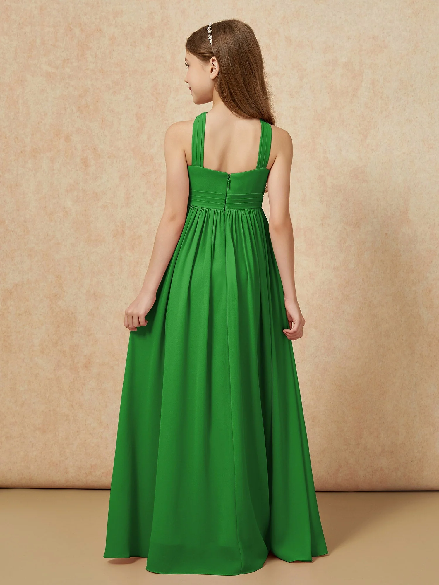 Griechischer Ausschnitt Chiffon Junge Brautjungfernkleider mit Schlitz Grün - Image 2