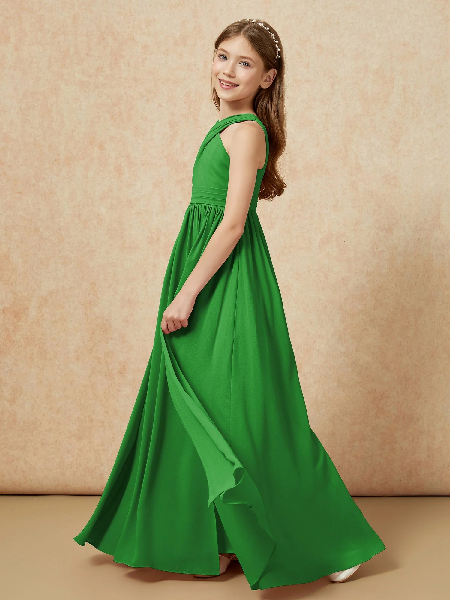 Griechischer Ausschnitt Chiffon Junge Brautjungfernkleider mit Schlitz Grün - Image 3