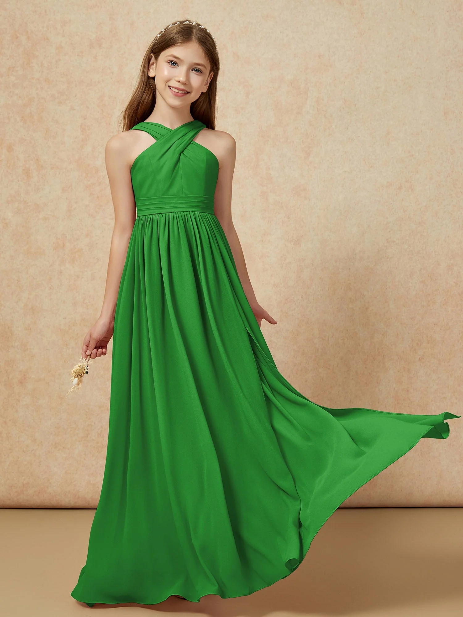 Griechischer Ausschnitt Chiffon Junge Brautjungfernkleider mit Schlitz Grün - Image 5